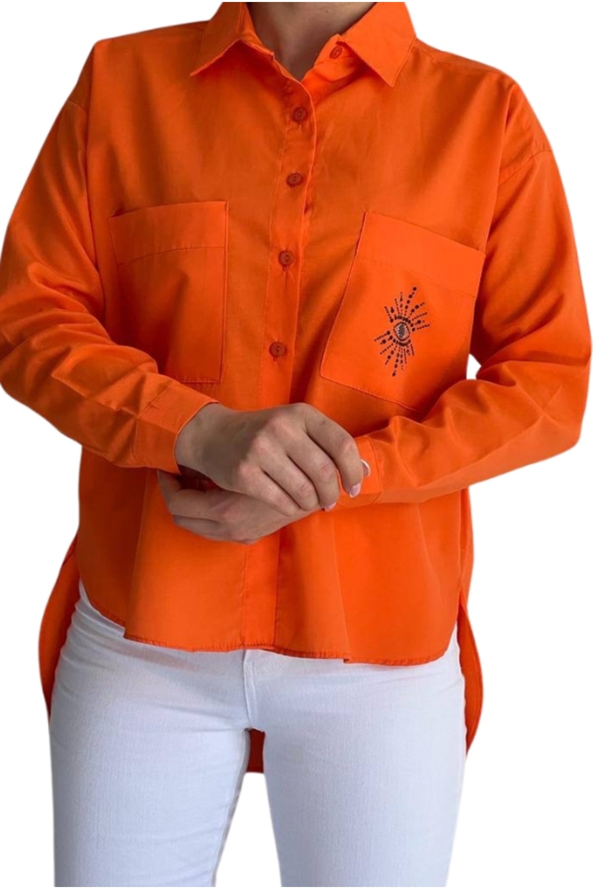 Josephine Women's Cotton Embellished Evil Eye Pocket Shirt - Orange