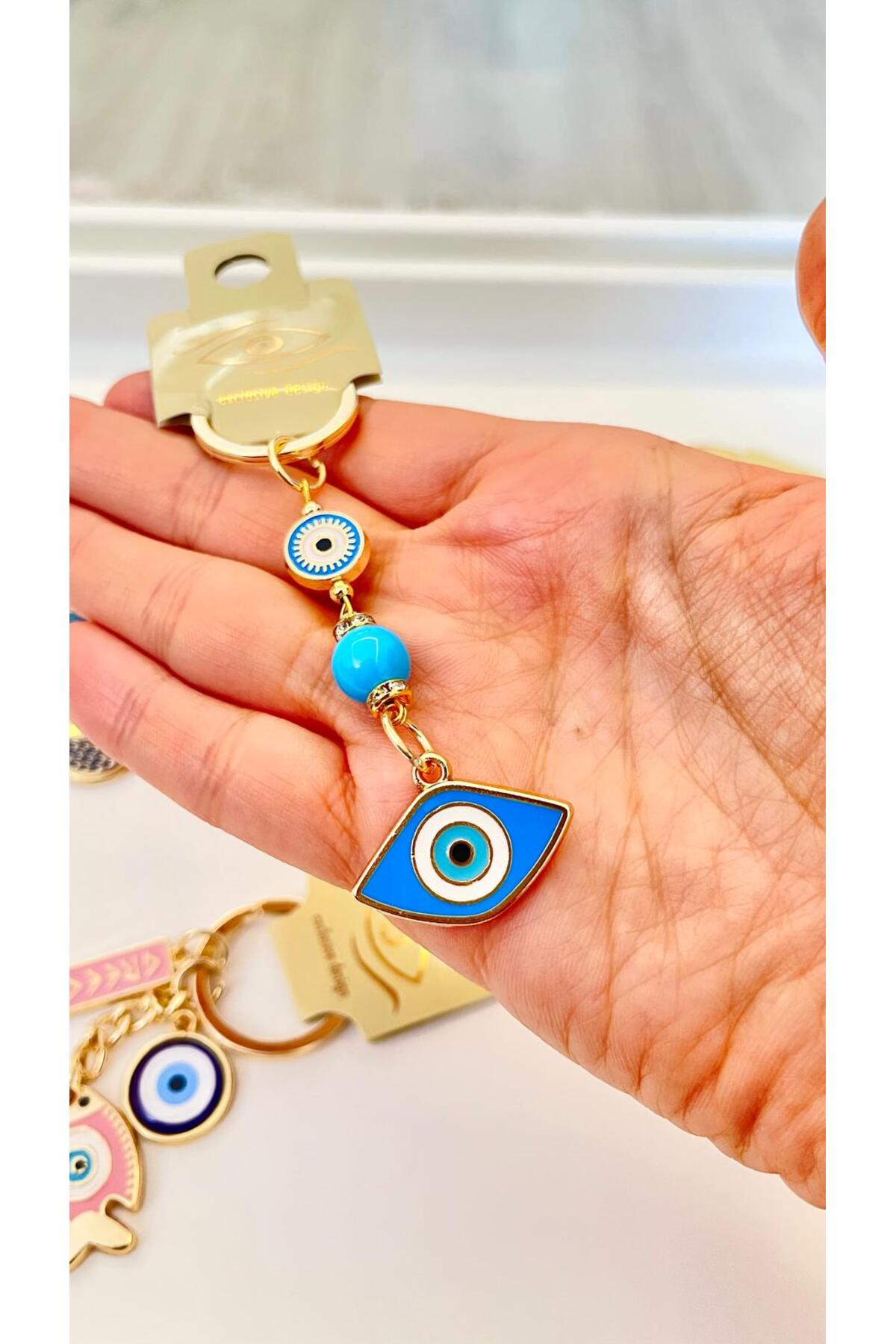 Hannah Gold-Plated Bodrum Bead Keychain - Blue Oval Evil Eye