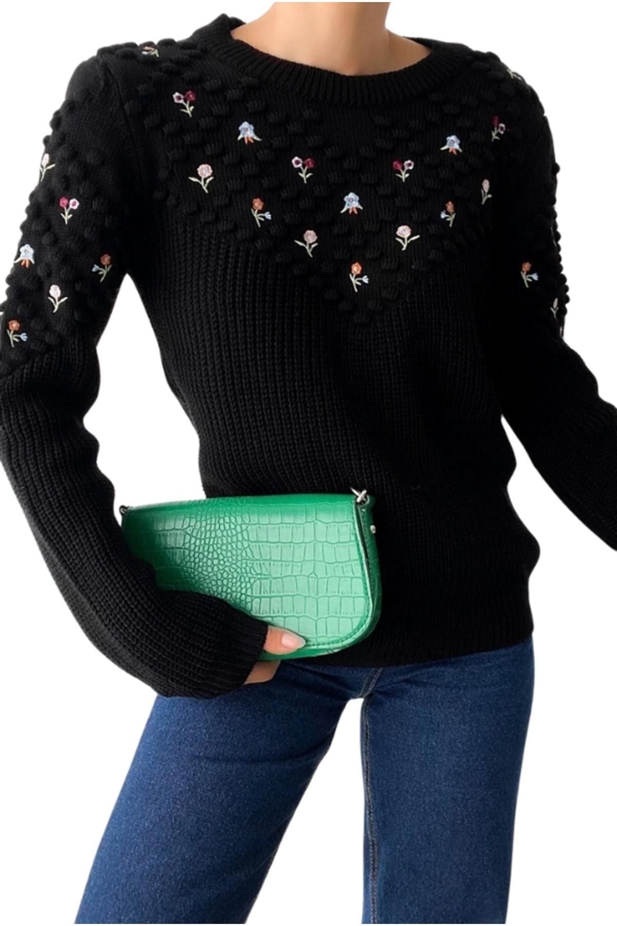 Allison Women's Floral Embroidered Knit Sweater - Black