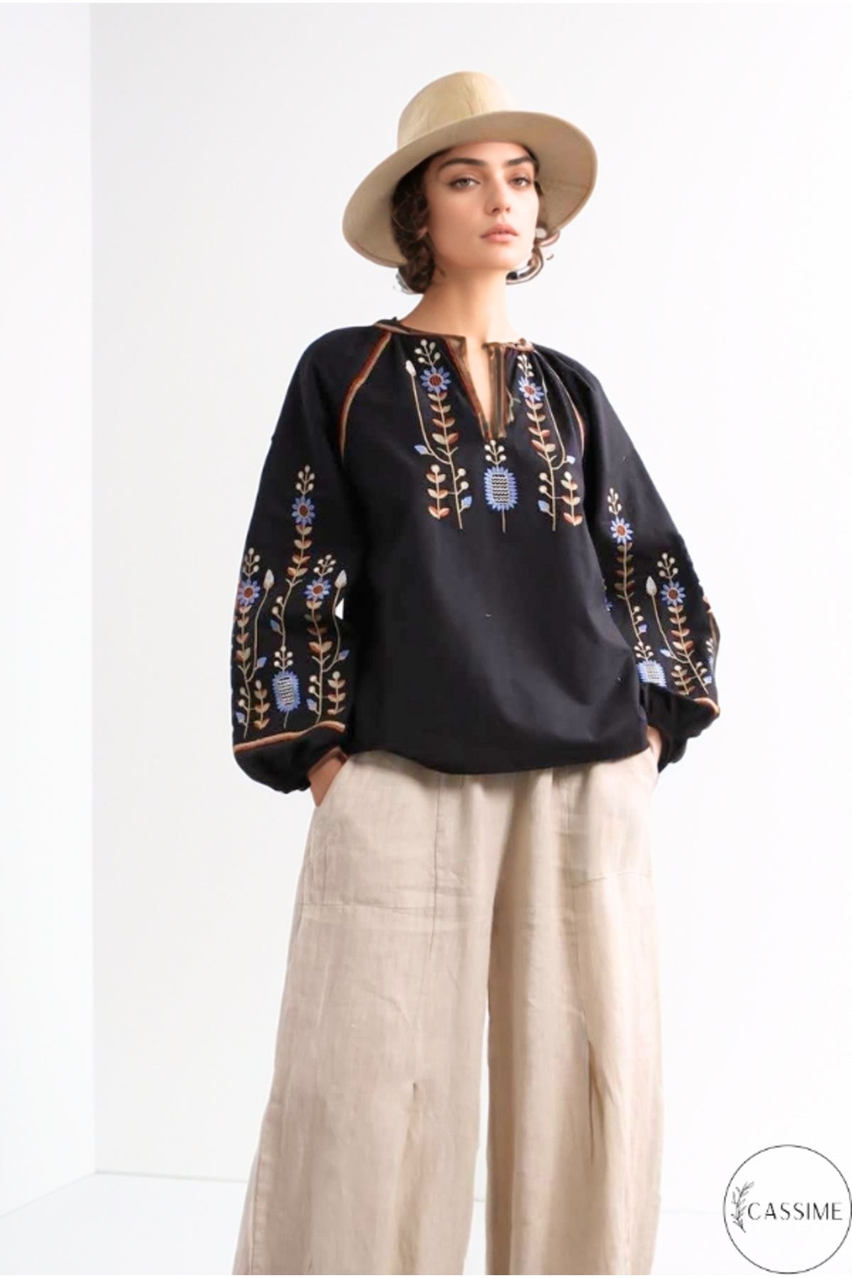 Frances Women's Cotton Embroidered Long Sleeve Blouse - Black