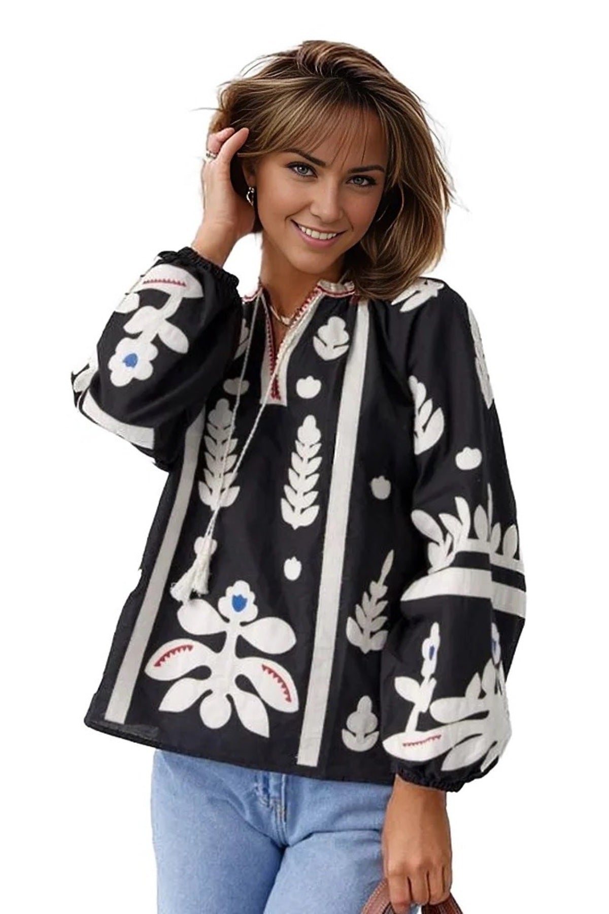 Paige Women's Cotton Embroidered Long Sleeve Woven Blouse - White with Black Embroidery