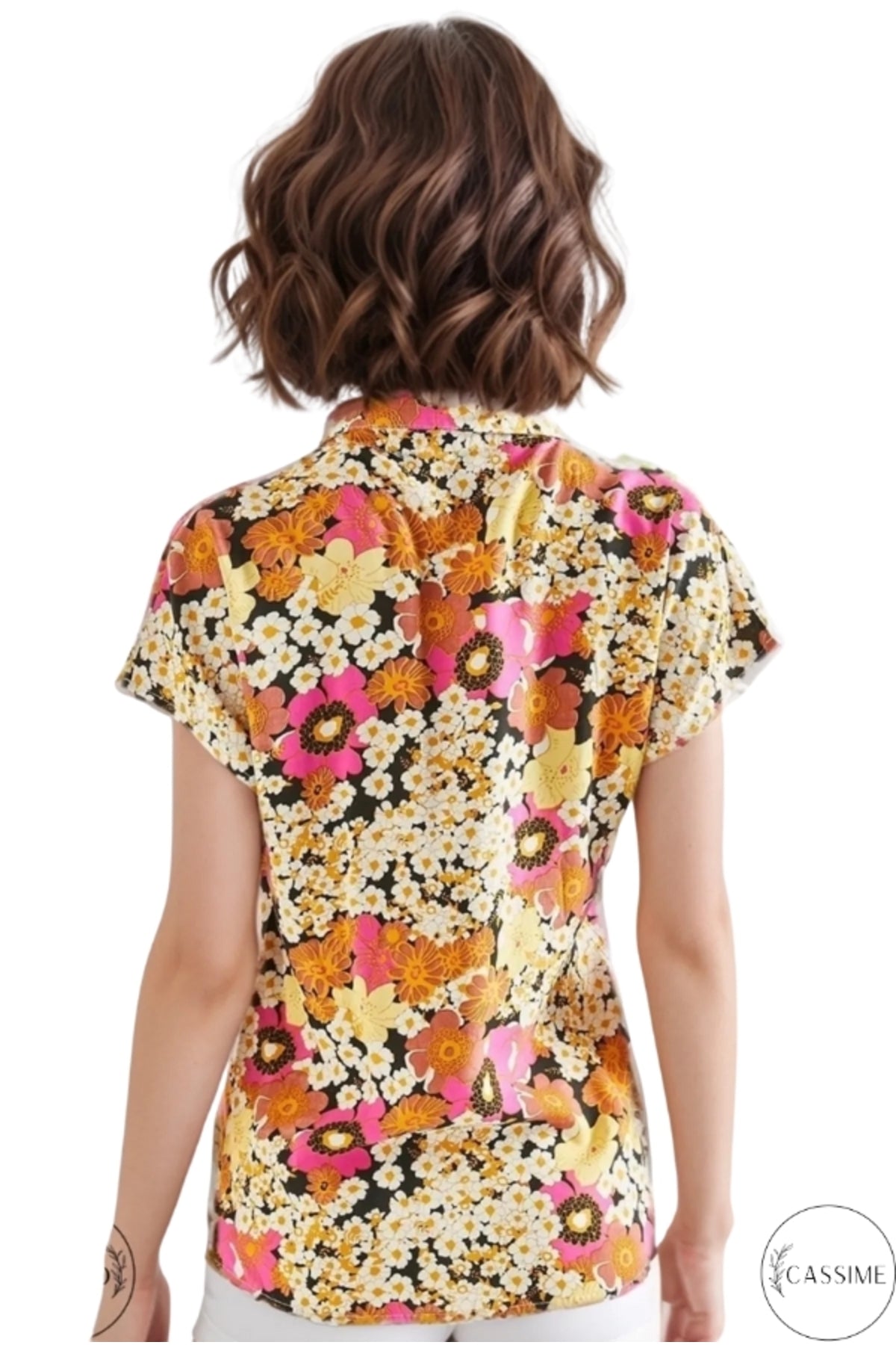 Charlotte Women's Short Sleeve Batwing Shirt - Pink and Orange Daisy Print