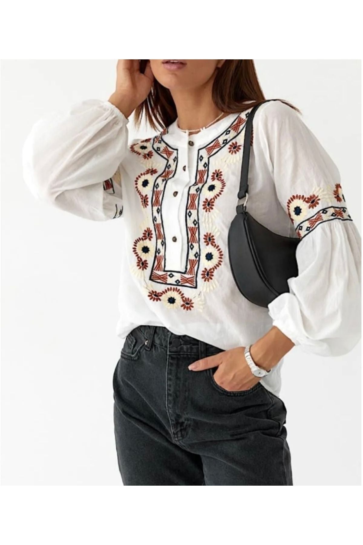 Summer Women's Cotton Boho Embroidered Button-Up Blouse - White