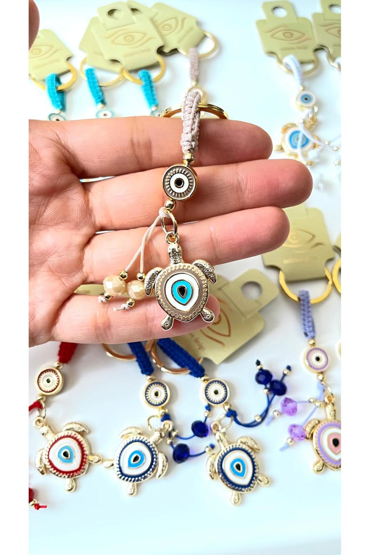 Ivy Gold-Plated Evil Eye Keychain - Beige Turtle Design