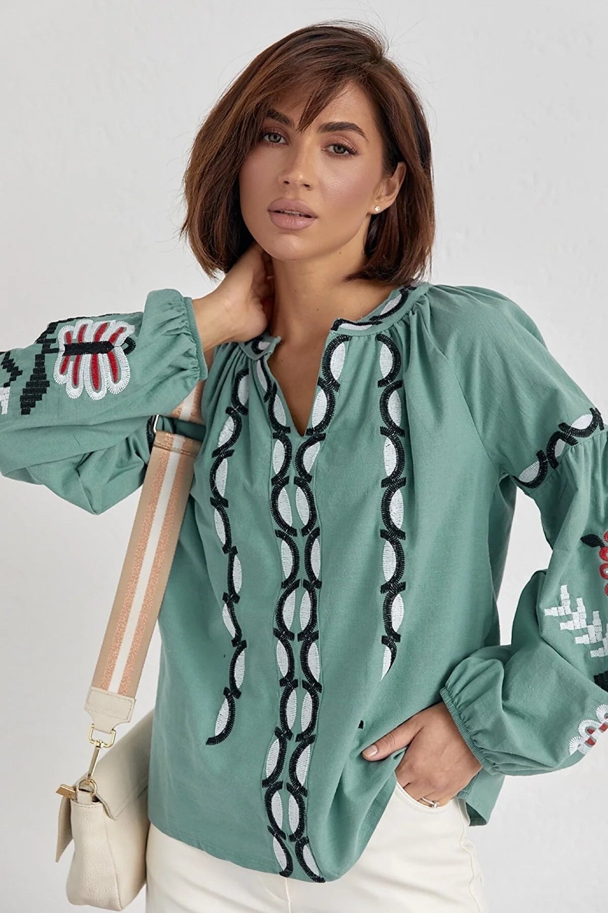 Rosa Women's Cotton Embroidered Long Sleeve Tie Blouse - White with Light Green Embroidery