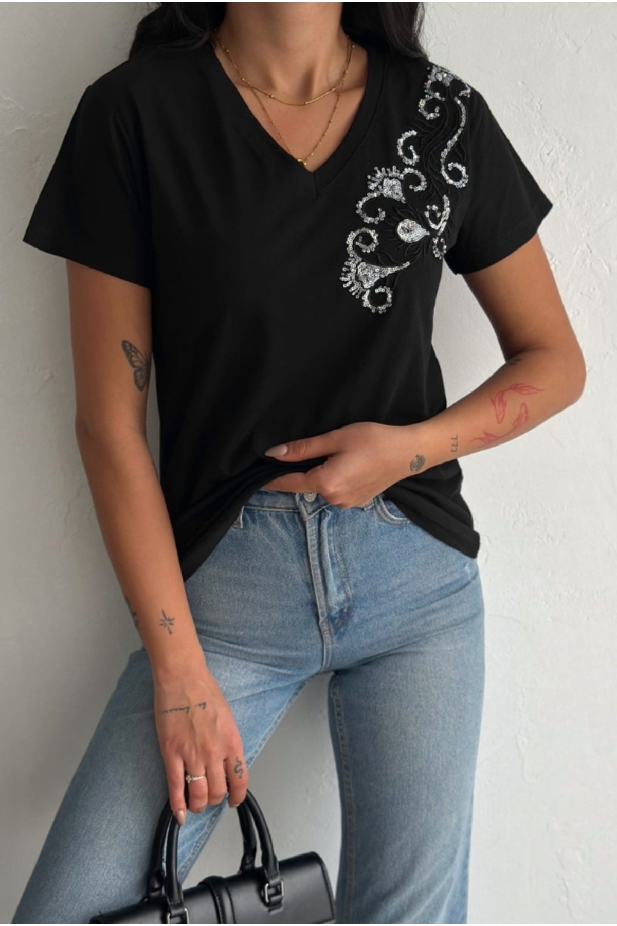 Olivia Women's Cotton Plus Size Embellished V-Neck T-Shirt - Black with Branch Shoulder Embroidery