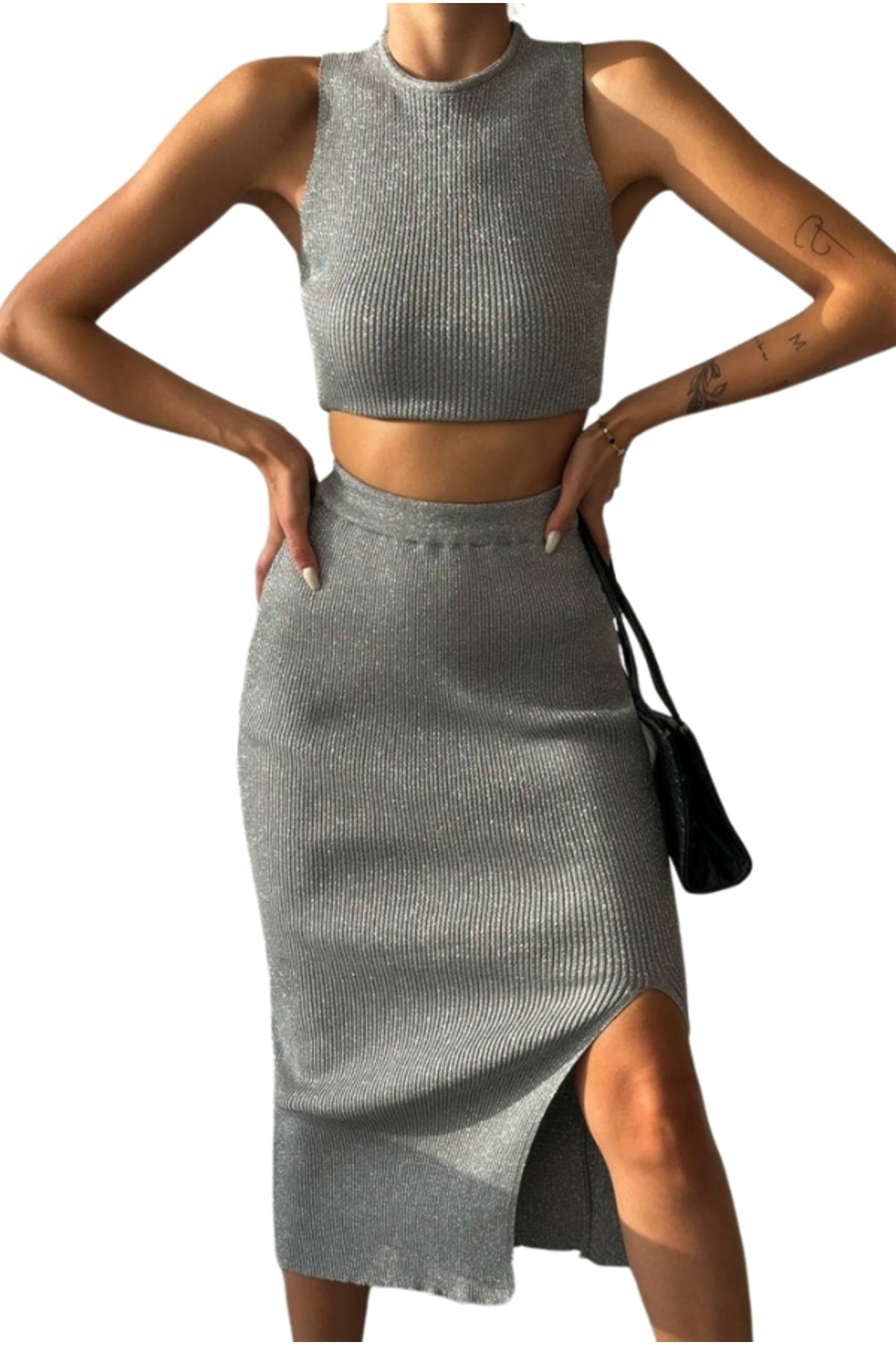 Willa Women's Ribbed Knit Crop Top and Skirt Set - Gray