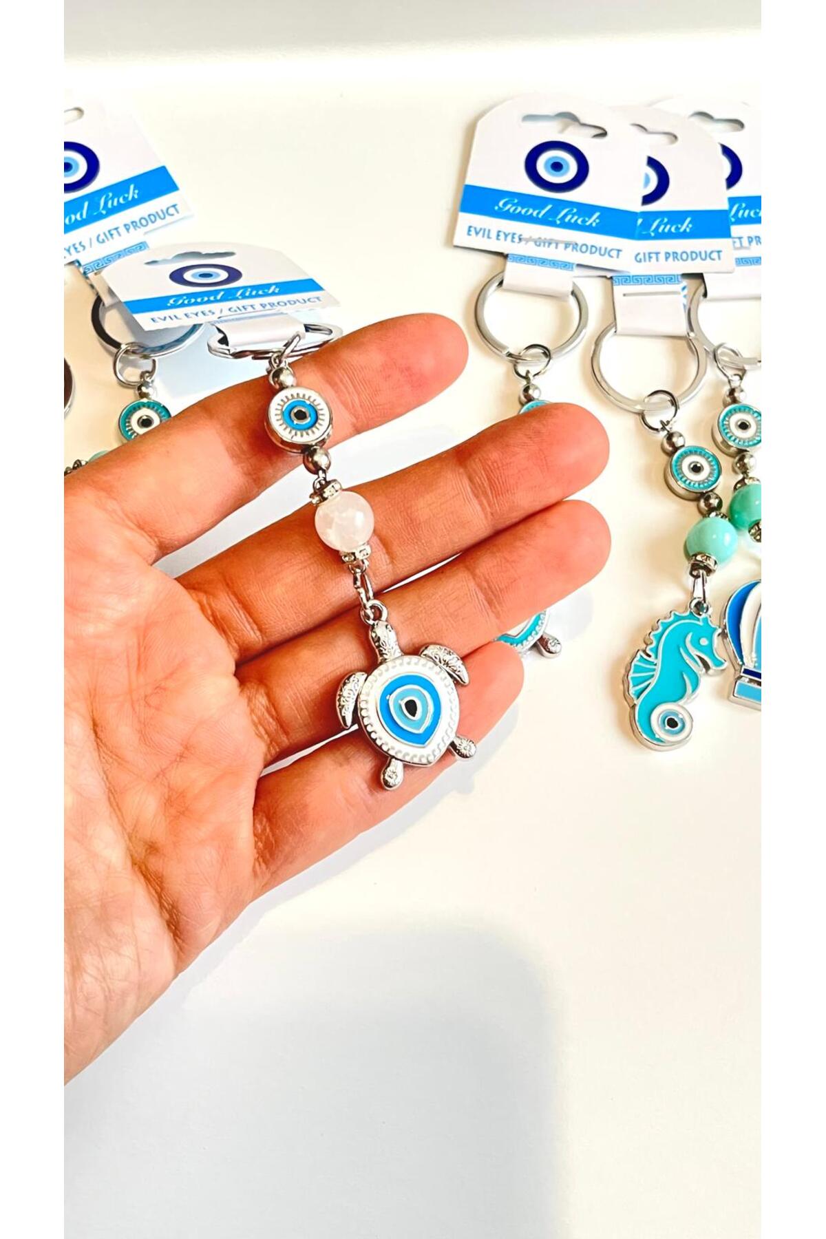 Abigail Silver-Plated Evil Eye Keychain - White Metal Turtle