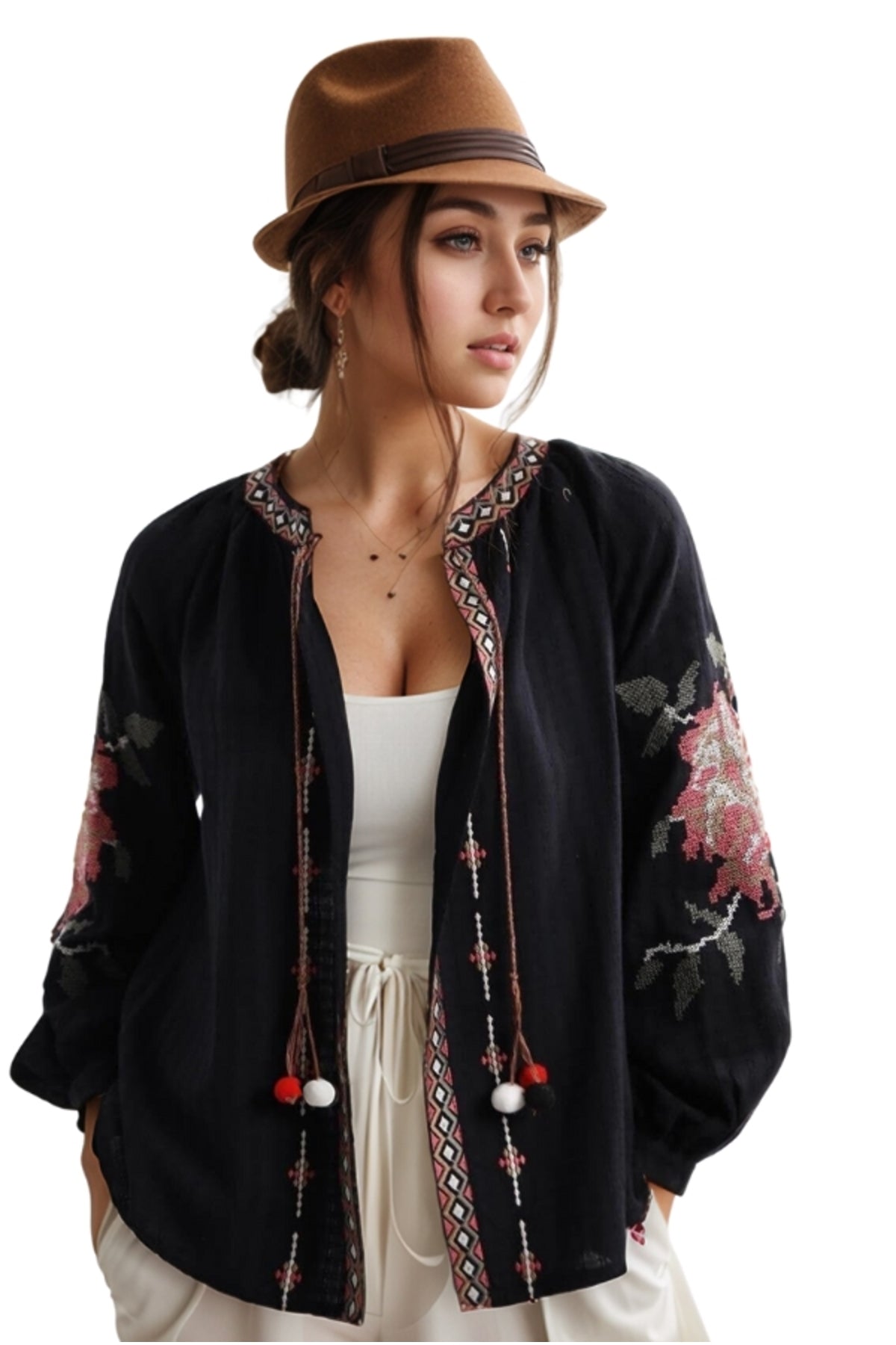 Lilian Women's Cotton-Linen Blend Rose Embroidered Tie Blouse - Black