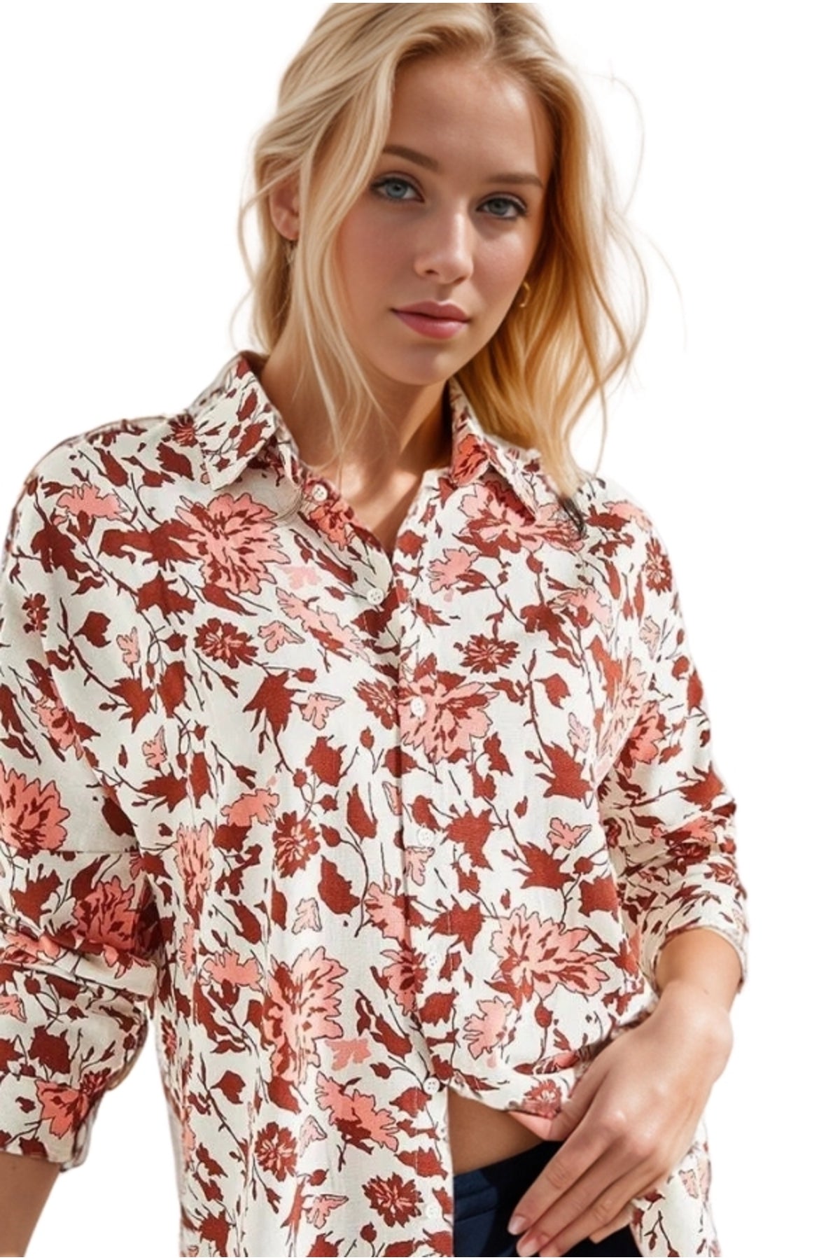 Emilia Women's Linen-Viscose Blend Oversized Printed Shirt - Burgundy Floral