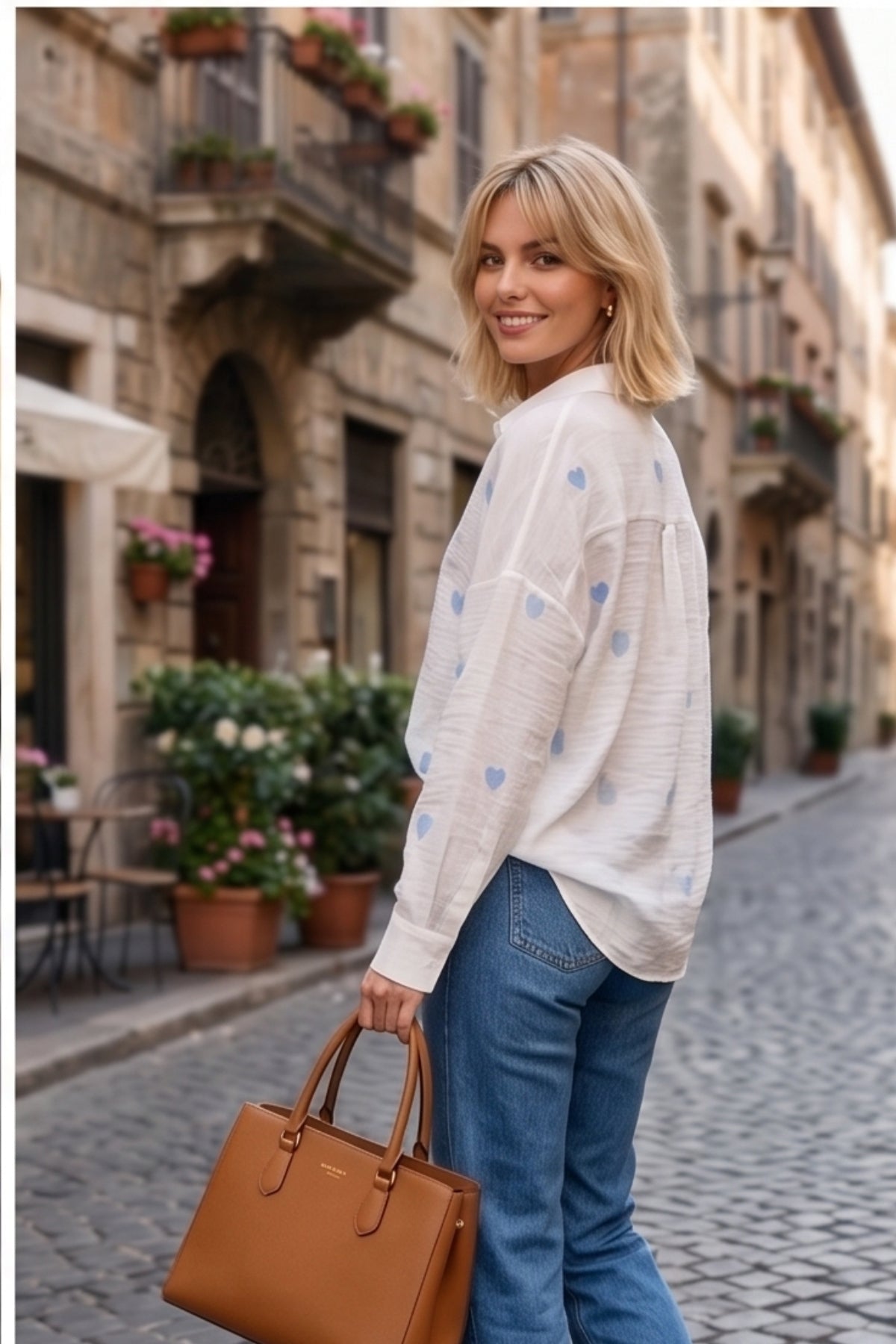 Delilah Women's Cotton Oversized Embellished Long Sleeve Shirt - Ecru with Blue Heart Embroidery
