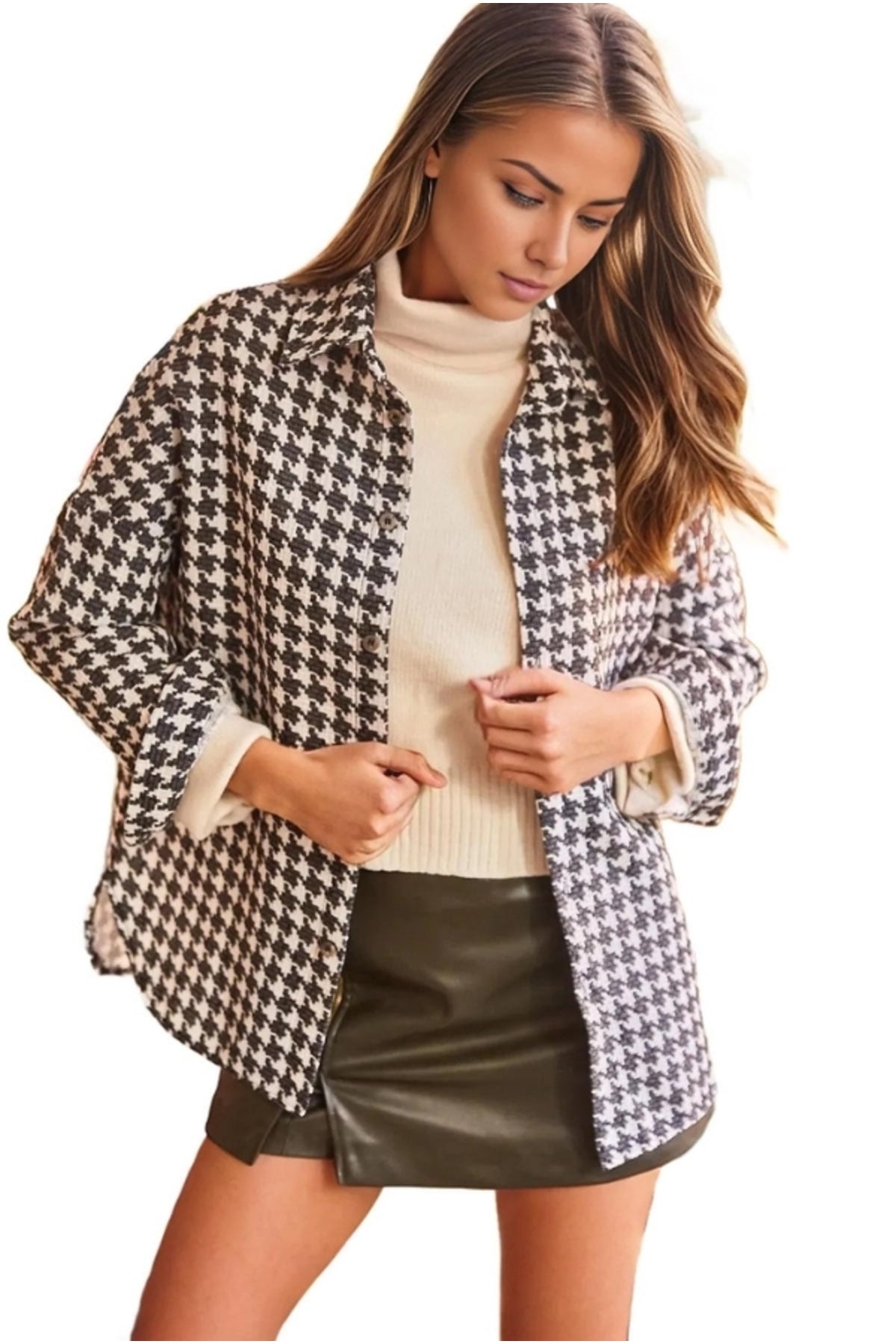 Margot Women's Oversized Houndstooth Shacket - Black Houndstooth
