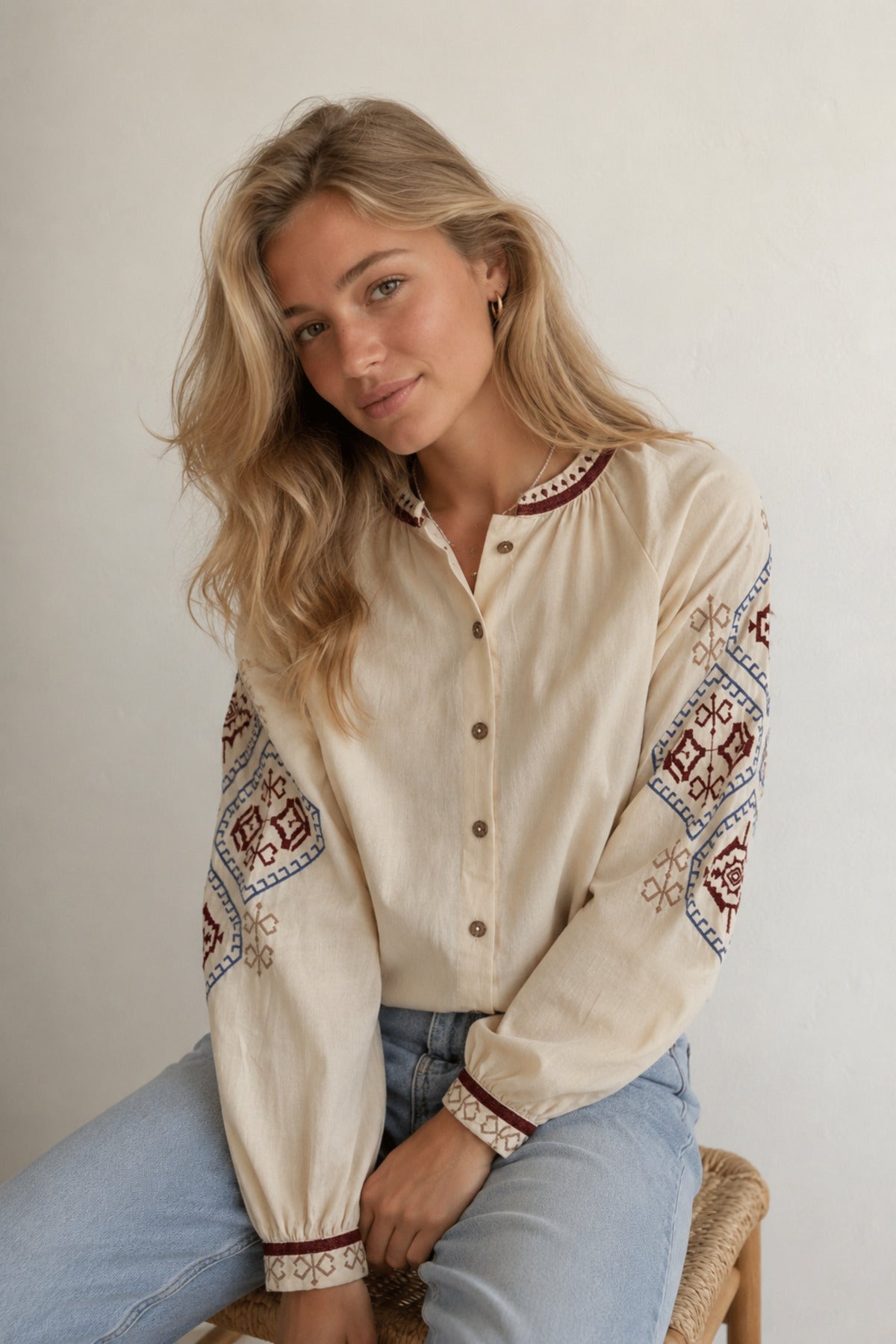 Judith Women's Cotton Vintage Inspired Embroidered Shirt - Beige