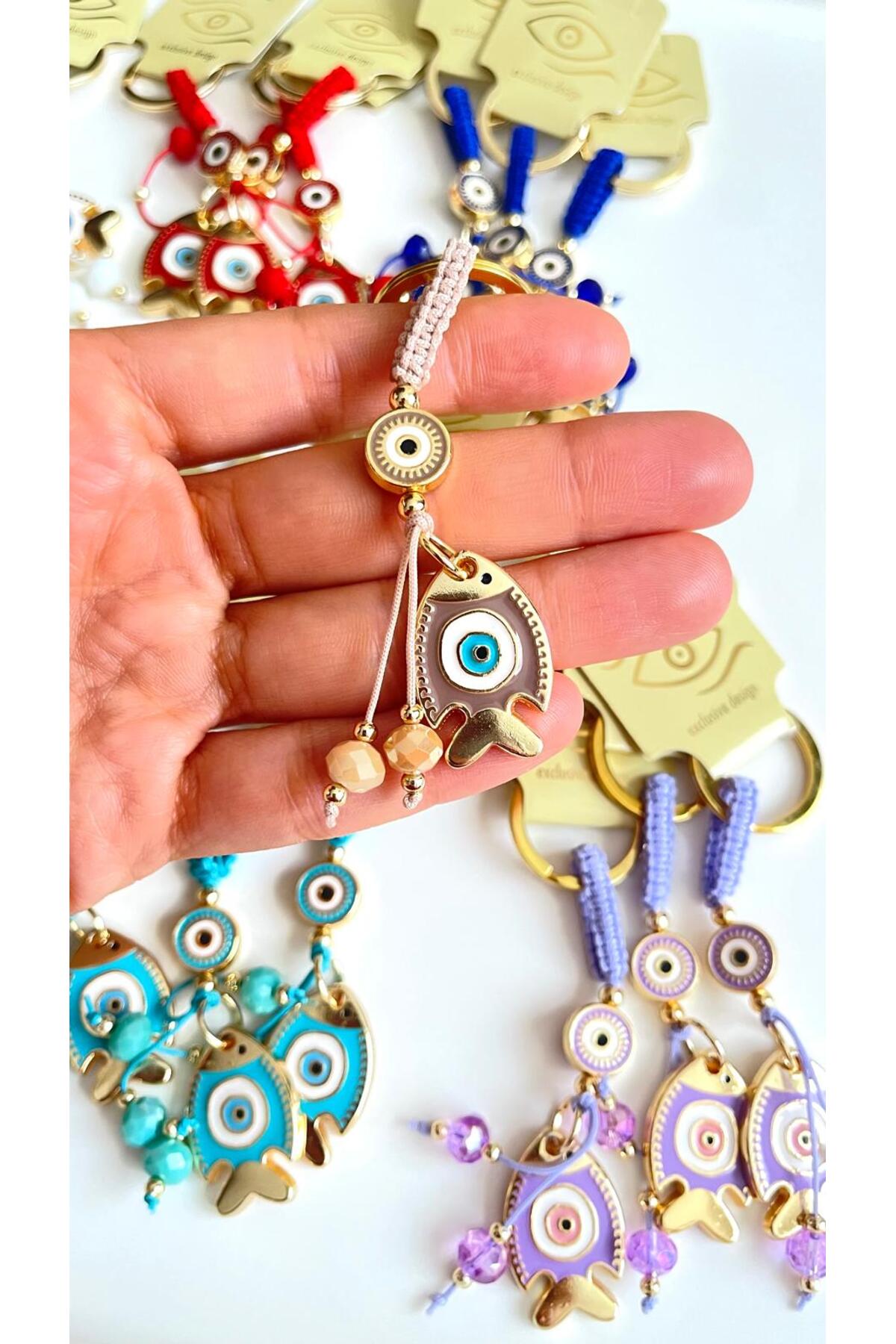 Ivy Gold-Plated Evil Eye Keychain - Beige Fish Design