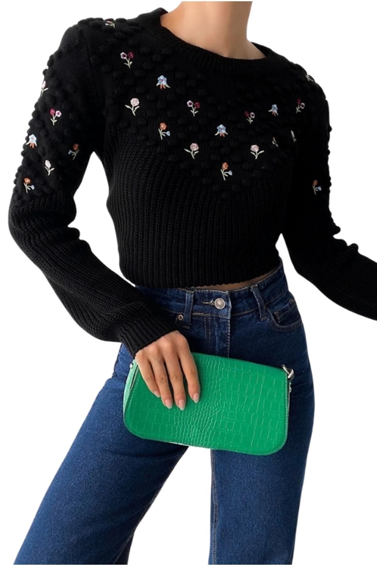 Allison Women's Floral Embroidered Knit Sweater - Black