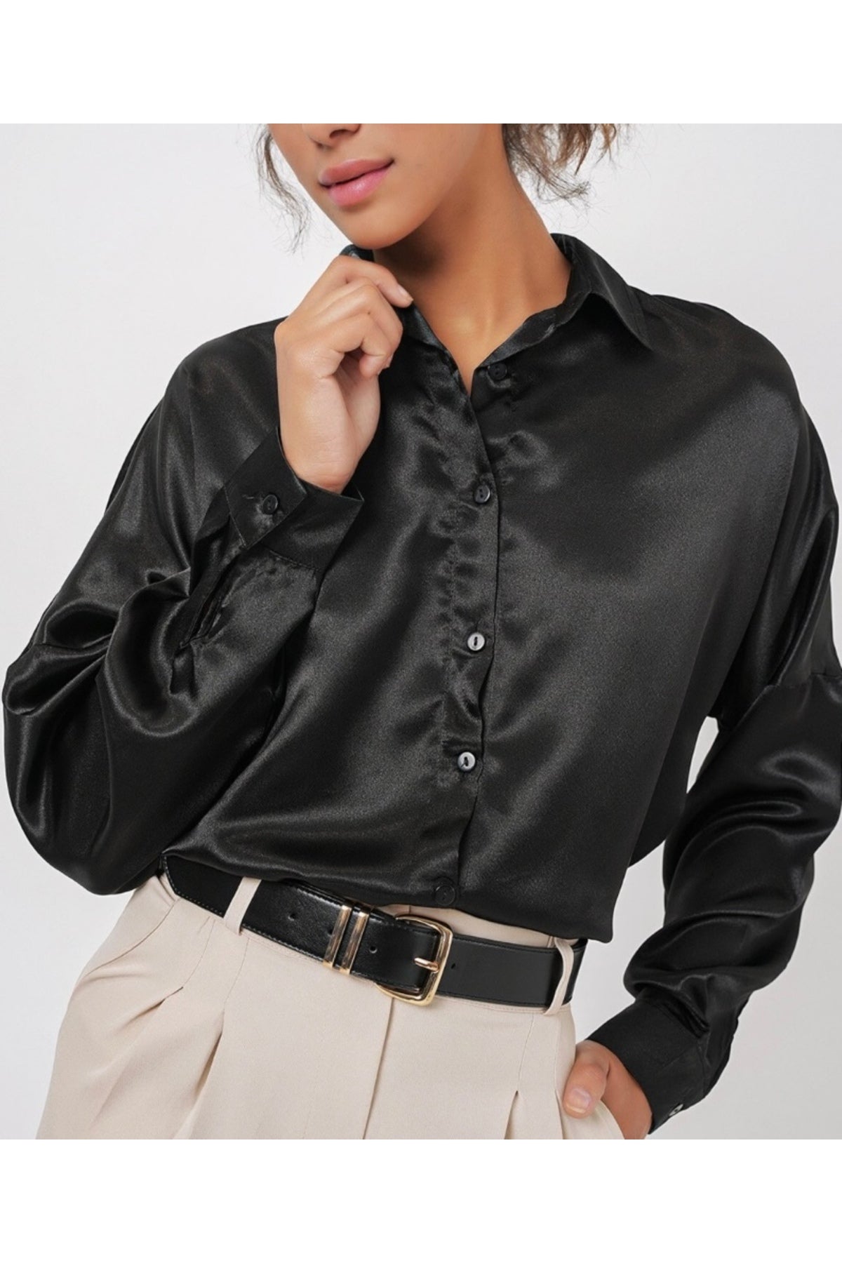 Caroline Women's Relaxed Fit Satin Shirt - Black