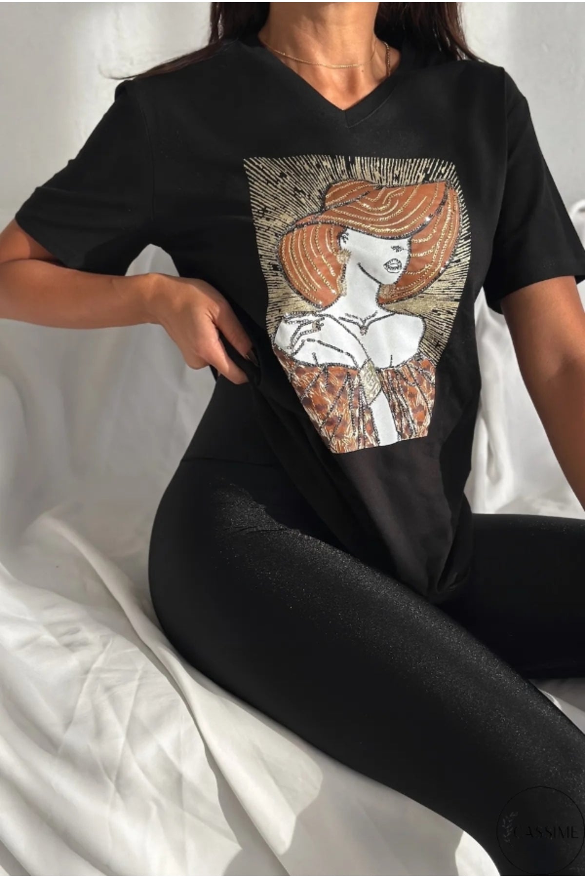 Olivia Women's Cotton Plus Size Embellished V-Neck T-Shirt - Black with Woman in Hat Sequins