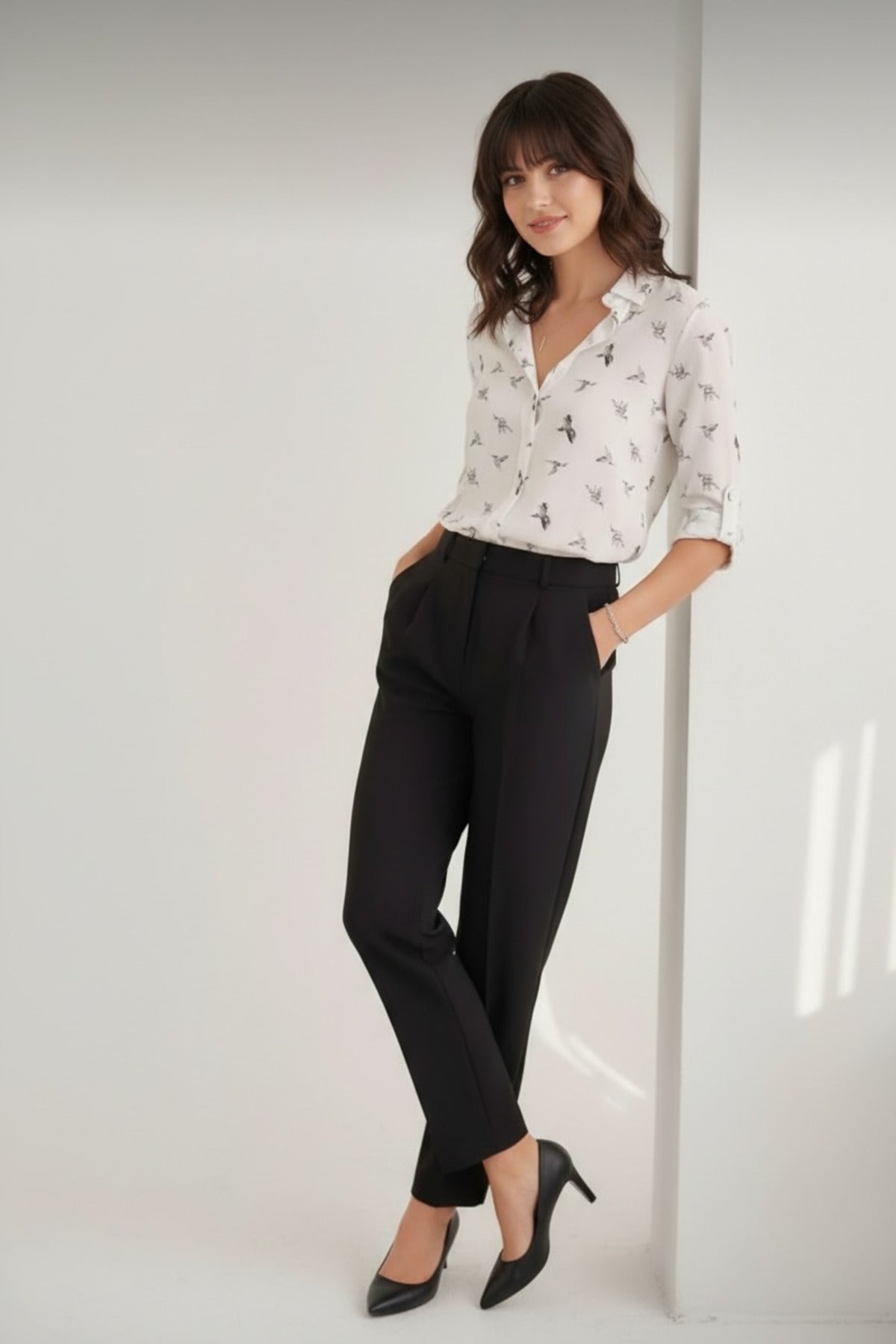 Amelia Women's Long Sleeve Button-Up Shirt - White Bird Print