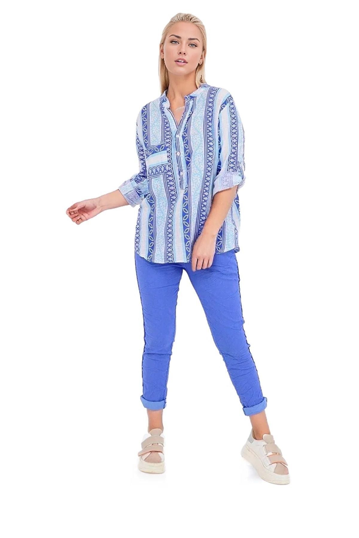 Elsie Women's Cotton-Linen Blend Boho Print Button-Up Shirt - Blue