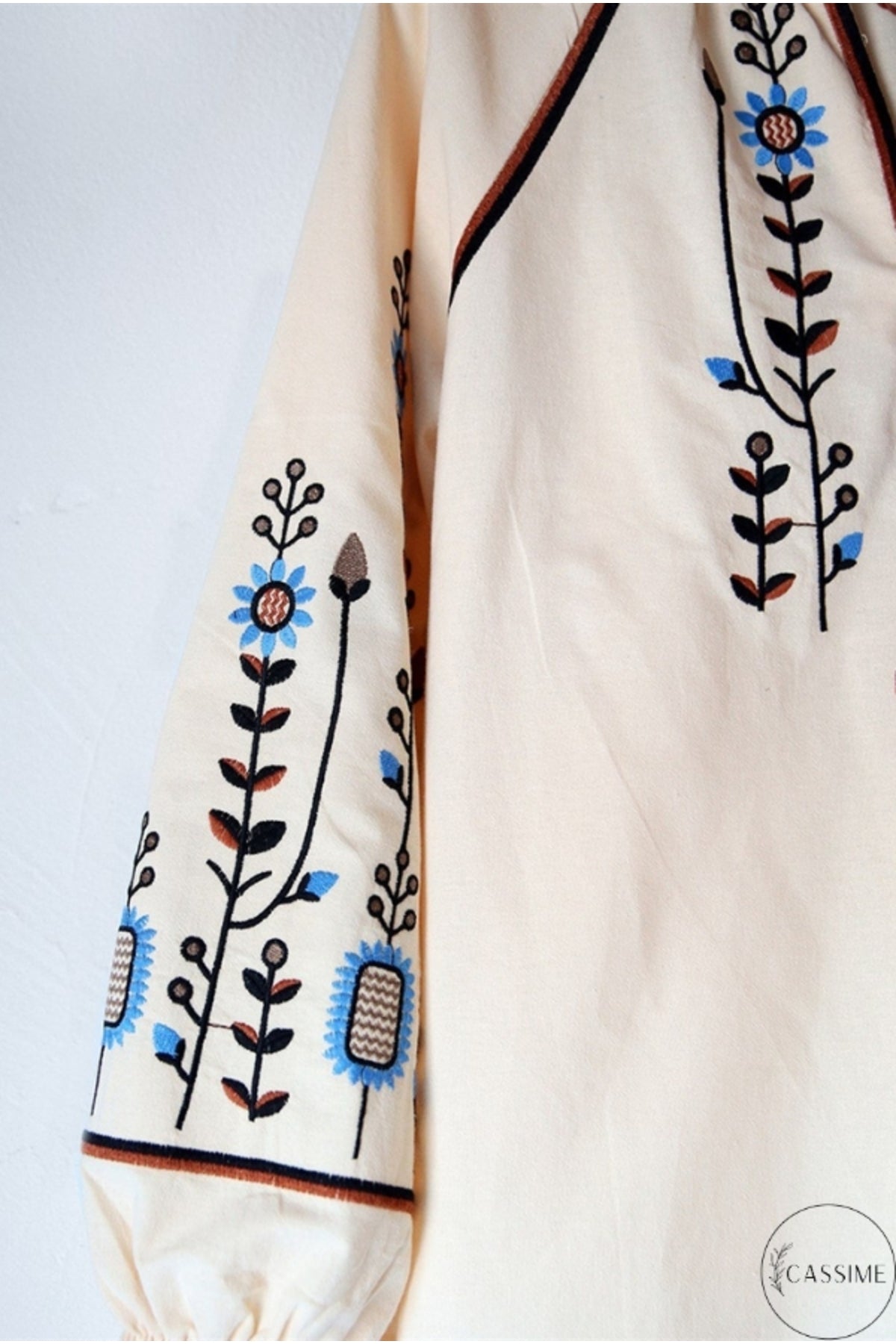 Frances Women's Cotton Embroidered Long Sleeve Blouse - Cream