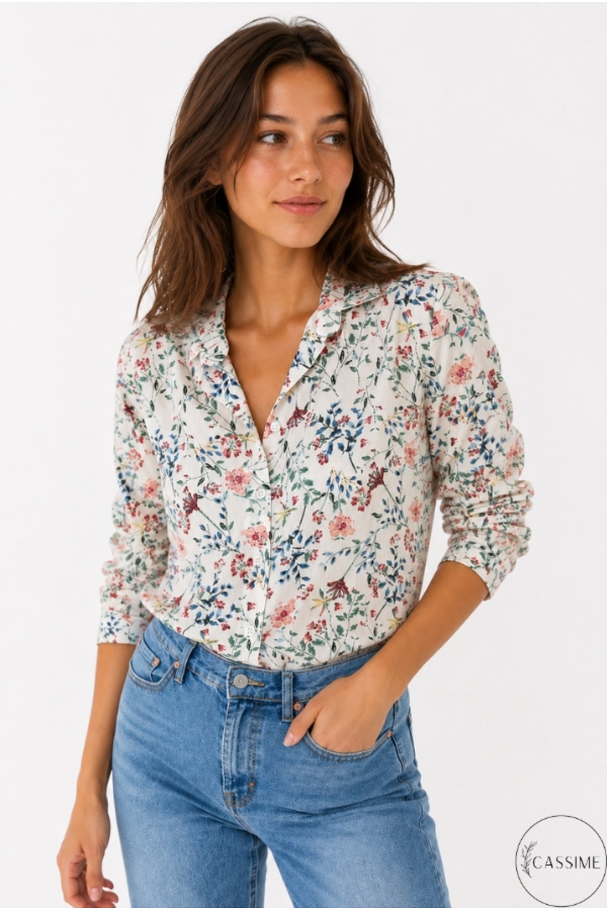 Amelia Women's Viscose Long Sleeve Button-Up Shirt - Mini Pink Floral