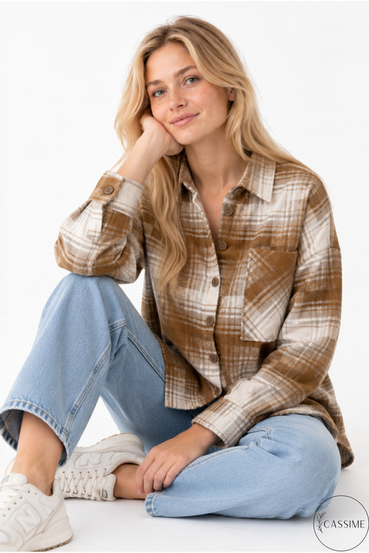 Eleanor Women's Plaid Shacket - Beige and Ecru Plaid