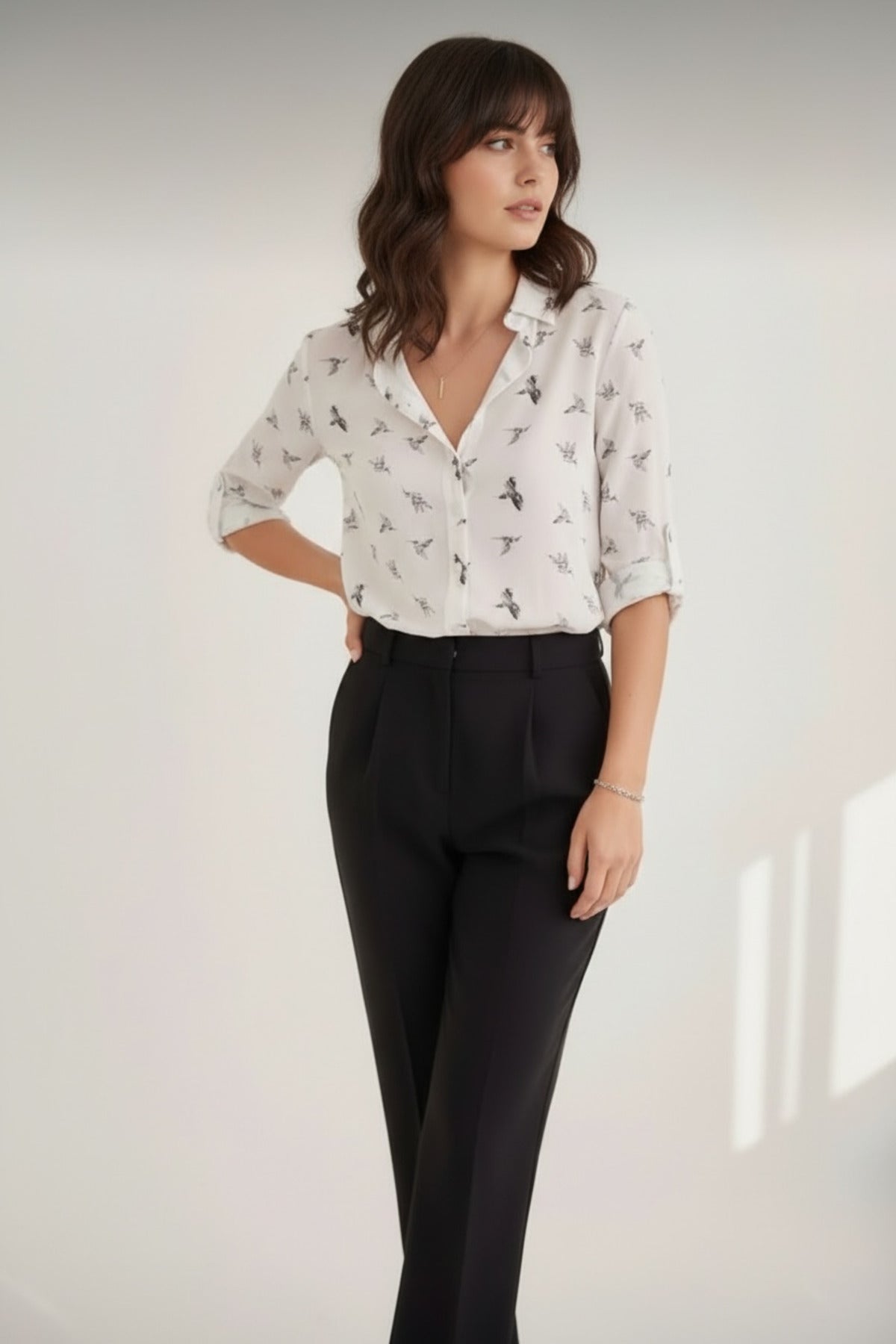 Amelia Women's Long Sleeve Button-Up Shirt - White Bird Print