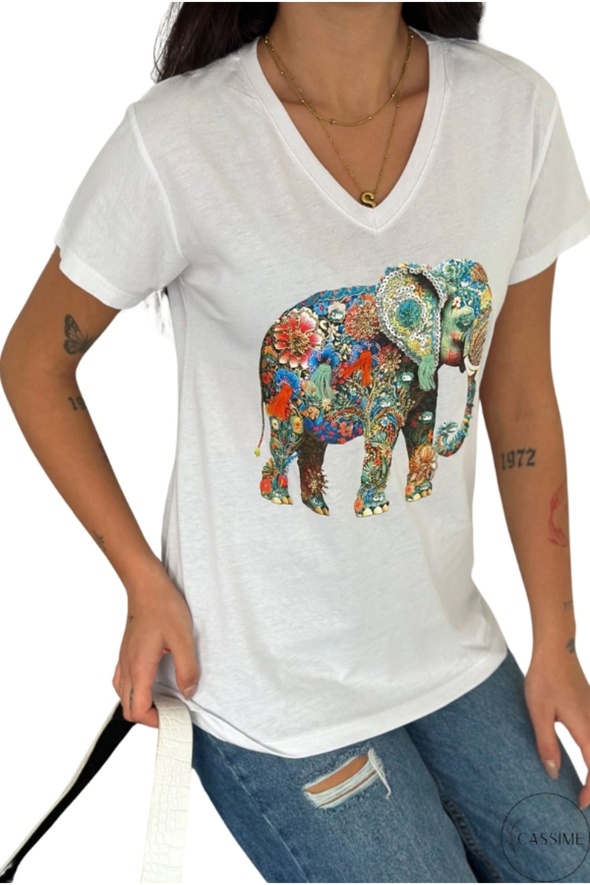 Olivia Women's Cotton Plus Size Embellished V-Neck T-Shirt - White with Multicolor Elephant Sequins