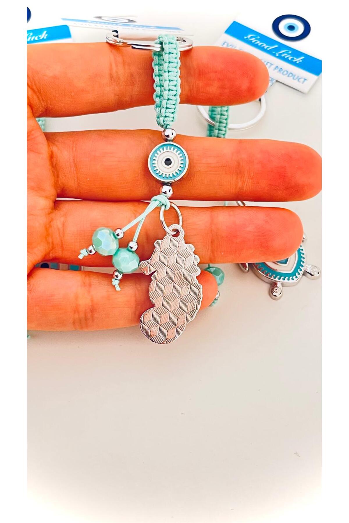 Abigail Silver-Plated Evil Eye Keychain - Turquoise Seahorse