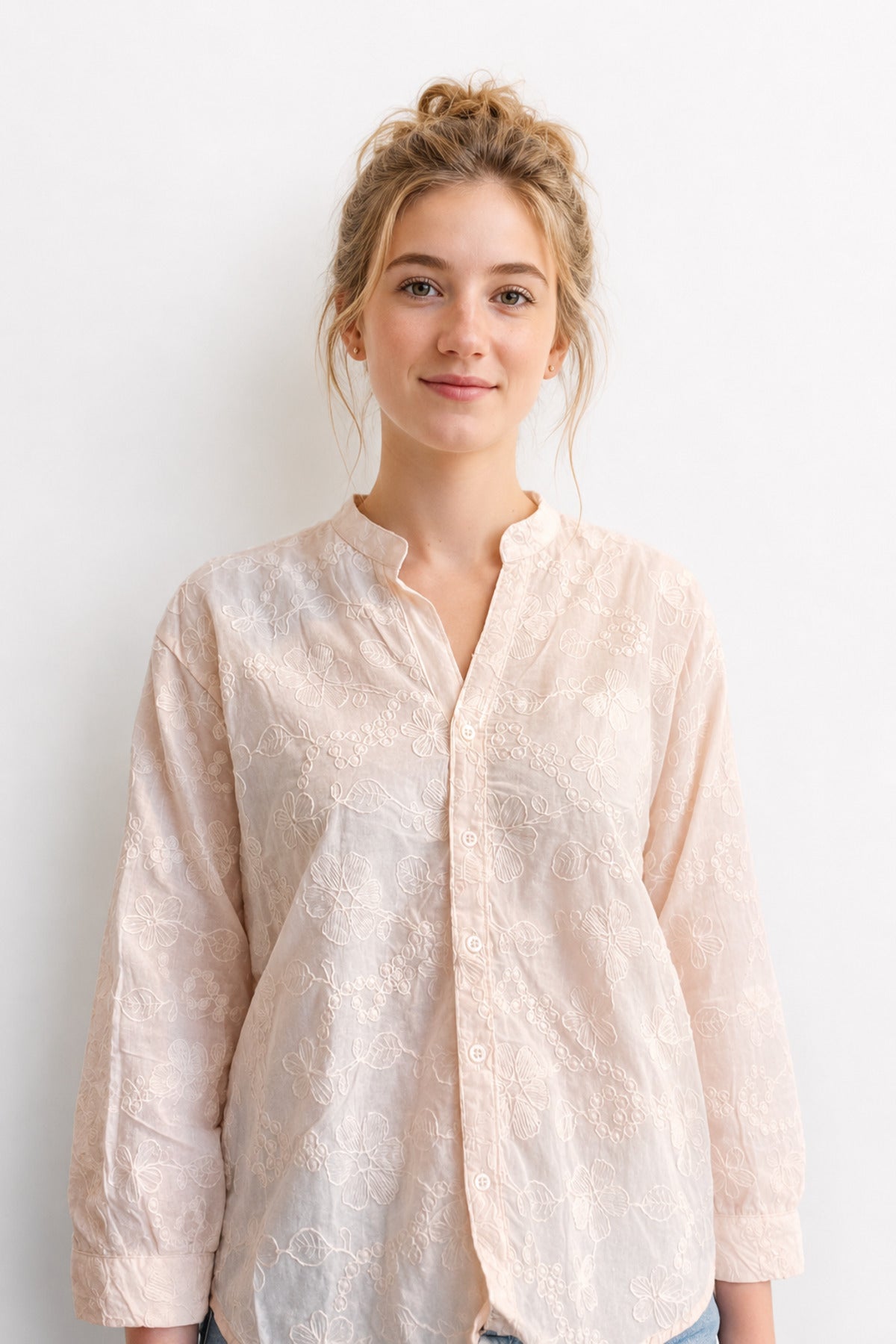 Isla Women's Cotton Embroidered Relaxed Fit Shirt - Light Pink
