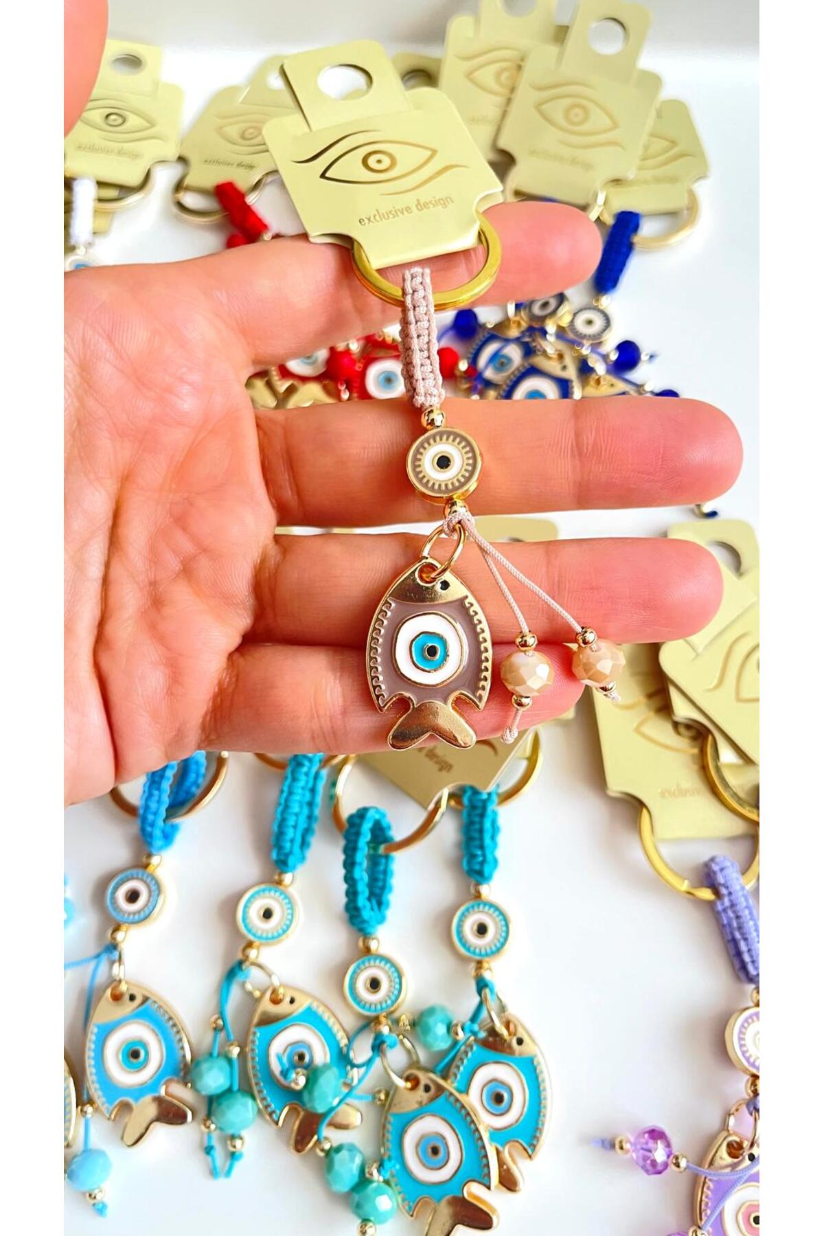 Ivy Gold-Plated Evil Eye Keychain - Beige Fish Design