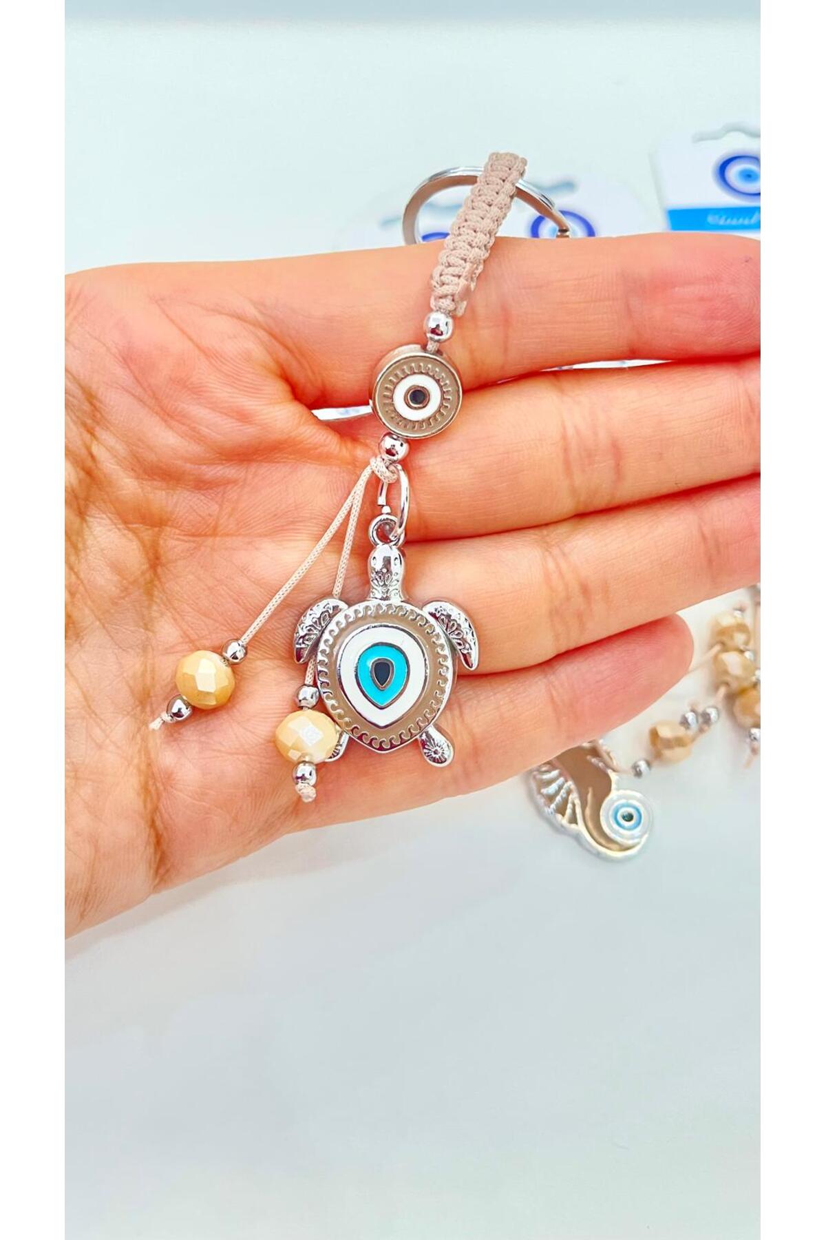Abigail Silver-Plated Evil Eye Keychain - Beige Turtle