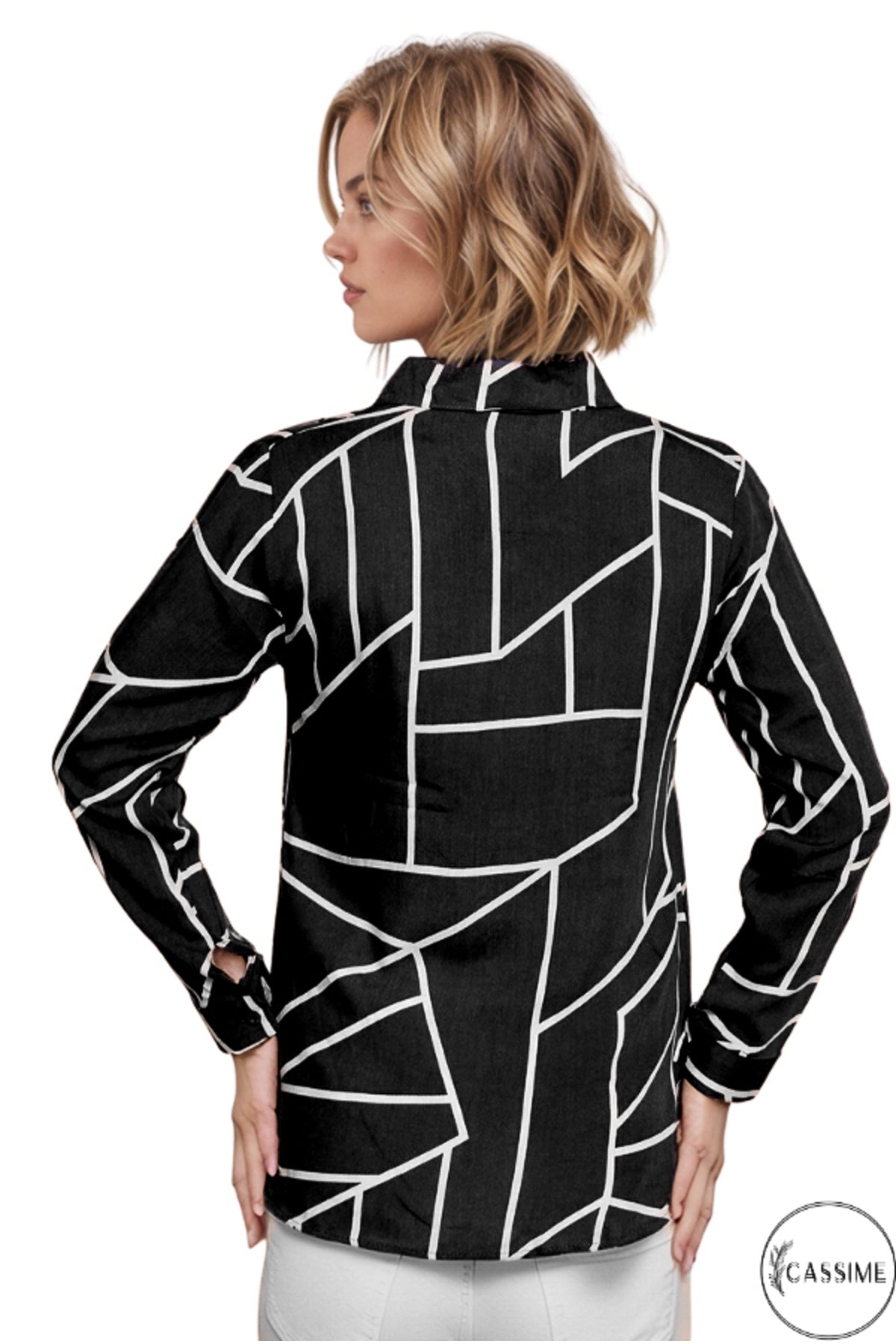 Amelia Women's Viscose Long Sleeve Button-Up Shirt - Black Geometric Striped