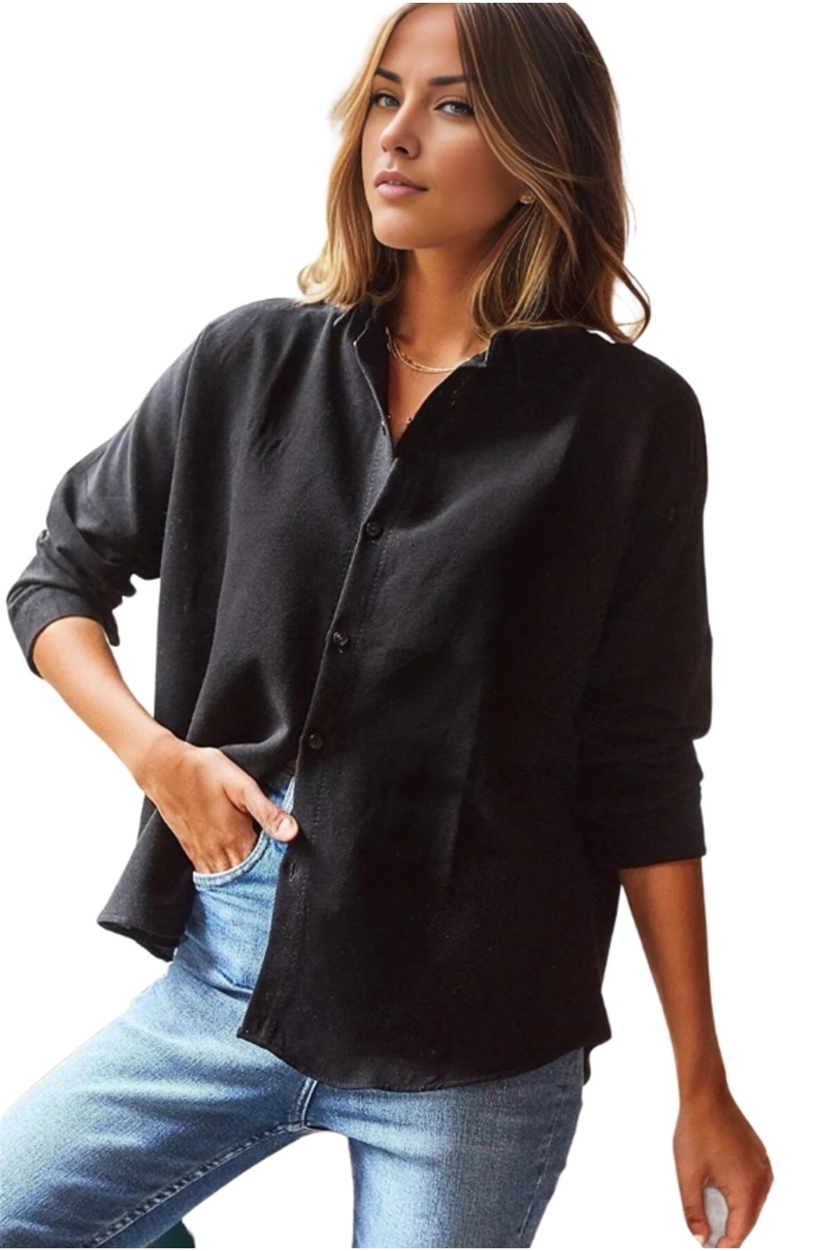Harriet Women's Linen Blend Oversized Long Sleeve Shirt - Black
