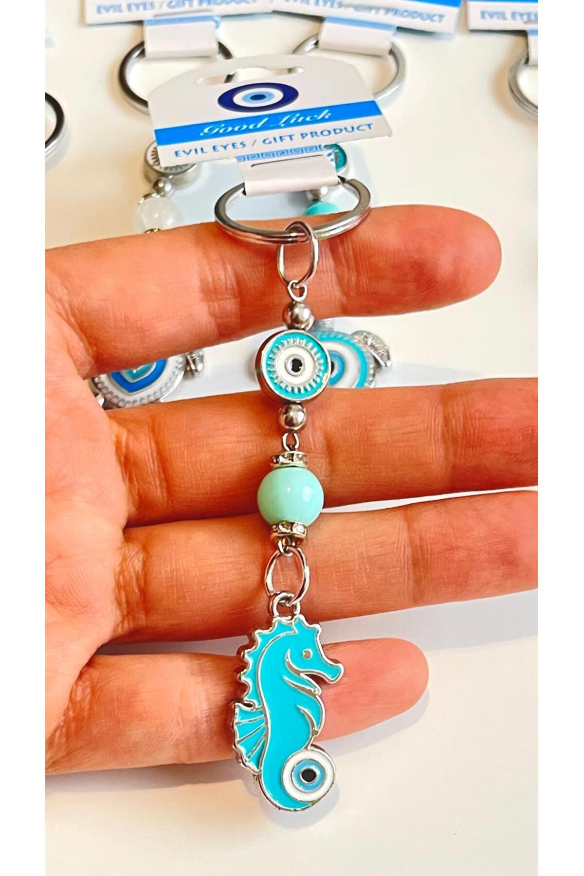 Abigail Silver-Plated Evil Eye Keychain - Turquoise Seahorse Design