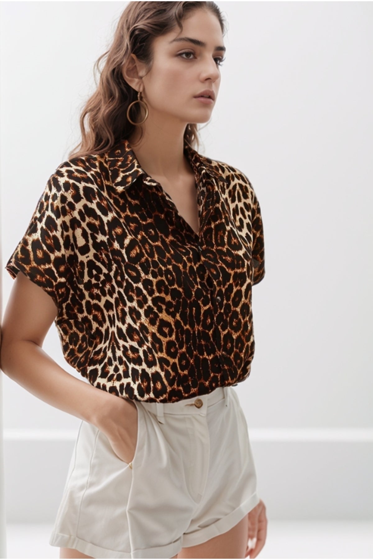 Charlotte Women's Short Sleeve Batwing Shirt - Black Leopard Print