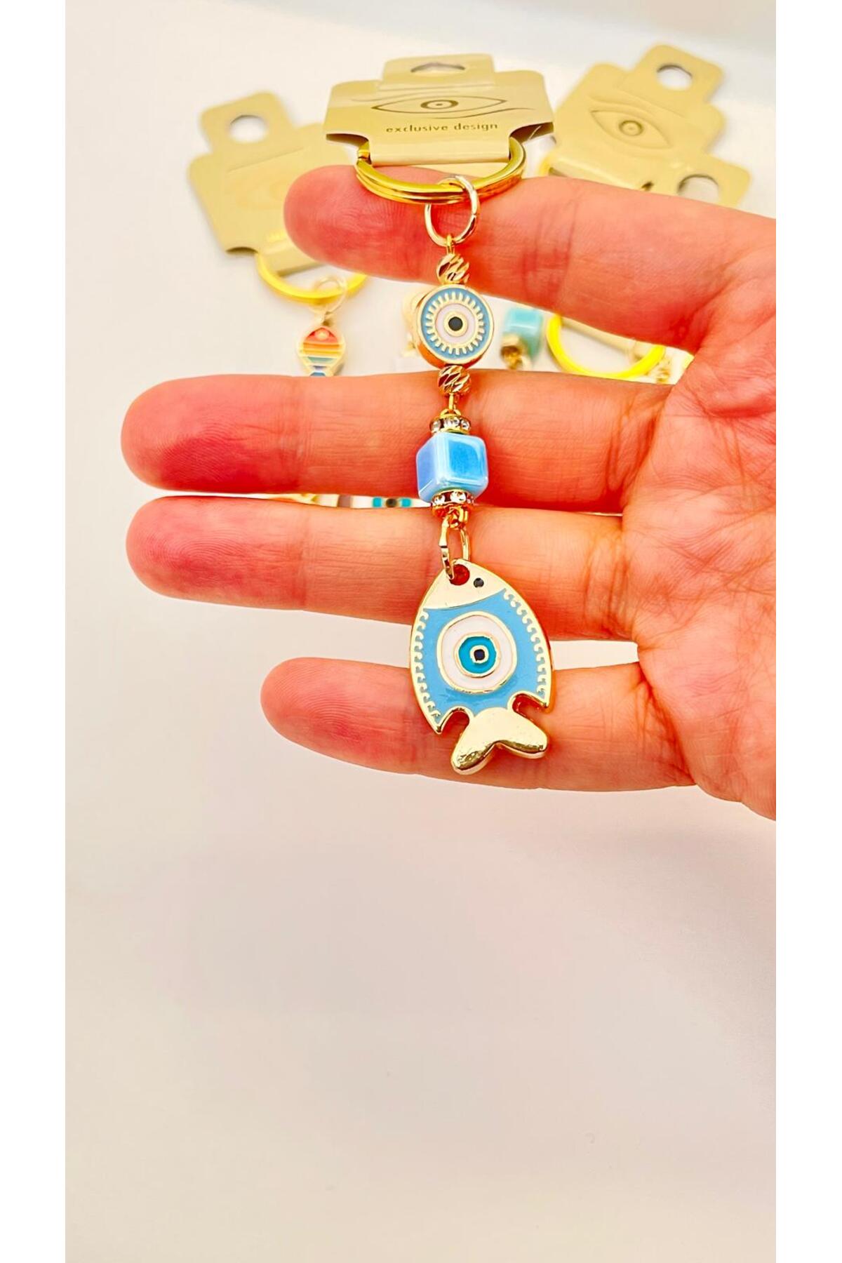 Hannah Gold-Plated Bodrum Bead Keychain - Blue Fish