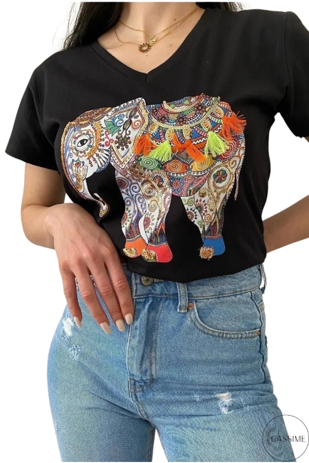 Sophie Women's Cotton Embellished V-Neck T-Shirt - Black with Multicolor Tassel Elephant
