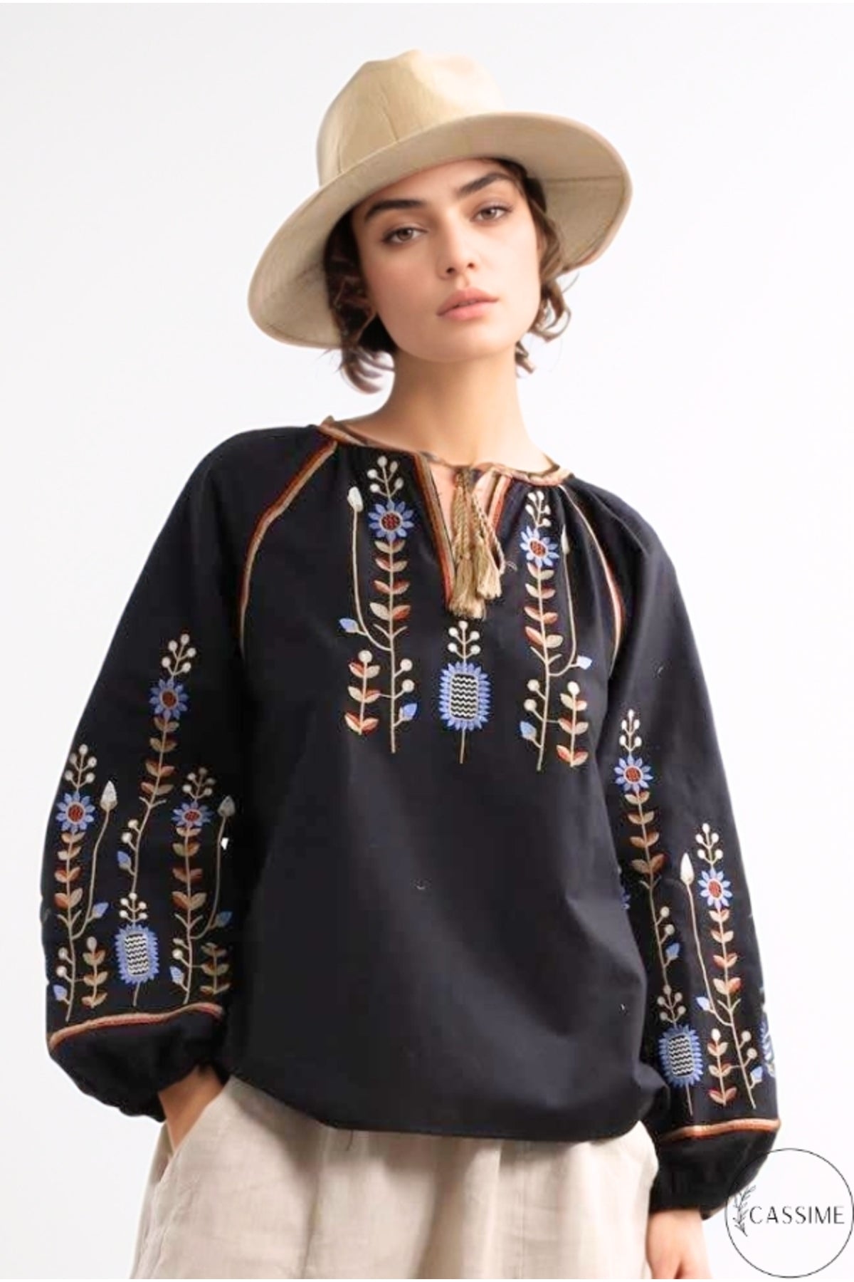 Frances Women's Cotton Embroidered Long Sleeve Blouse - Black