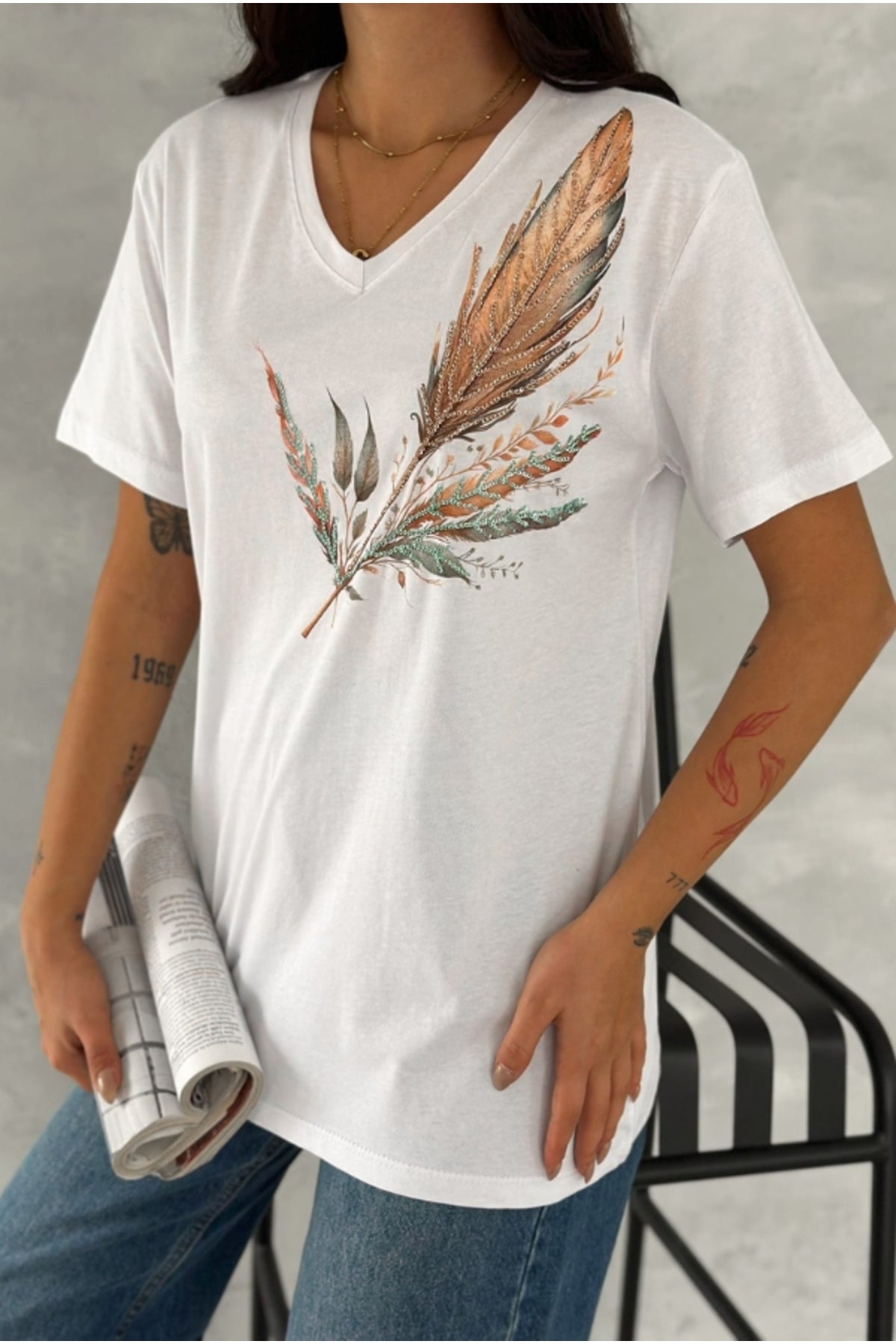 Olivia Women's Plus Size Embellished V-Neck T-Shirt - White with Leaf Shoulder Sequins