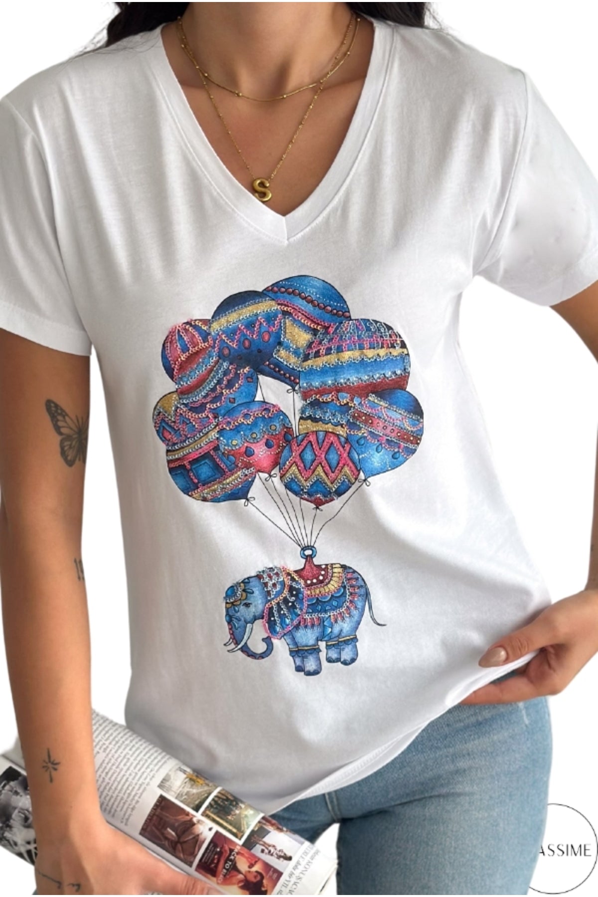 Olivia Women's Cotton Plus Size Embellished V-Neck T-Shirt - White with Balloon Elephant Sequins