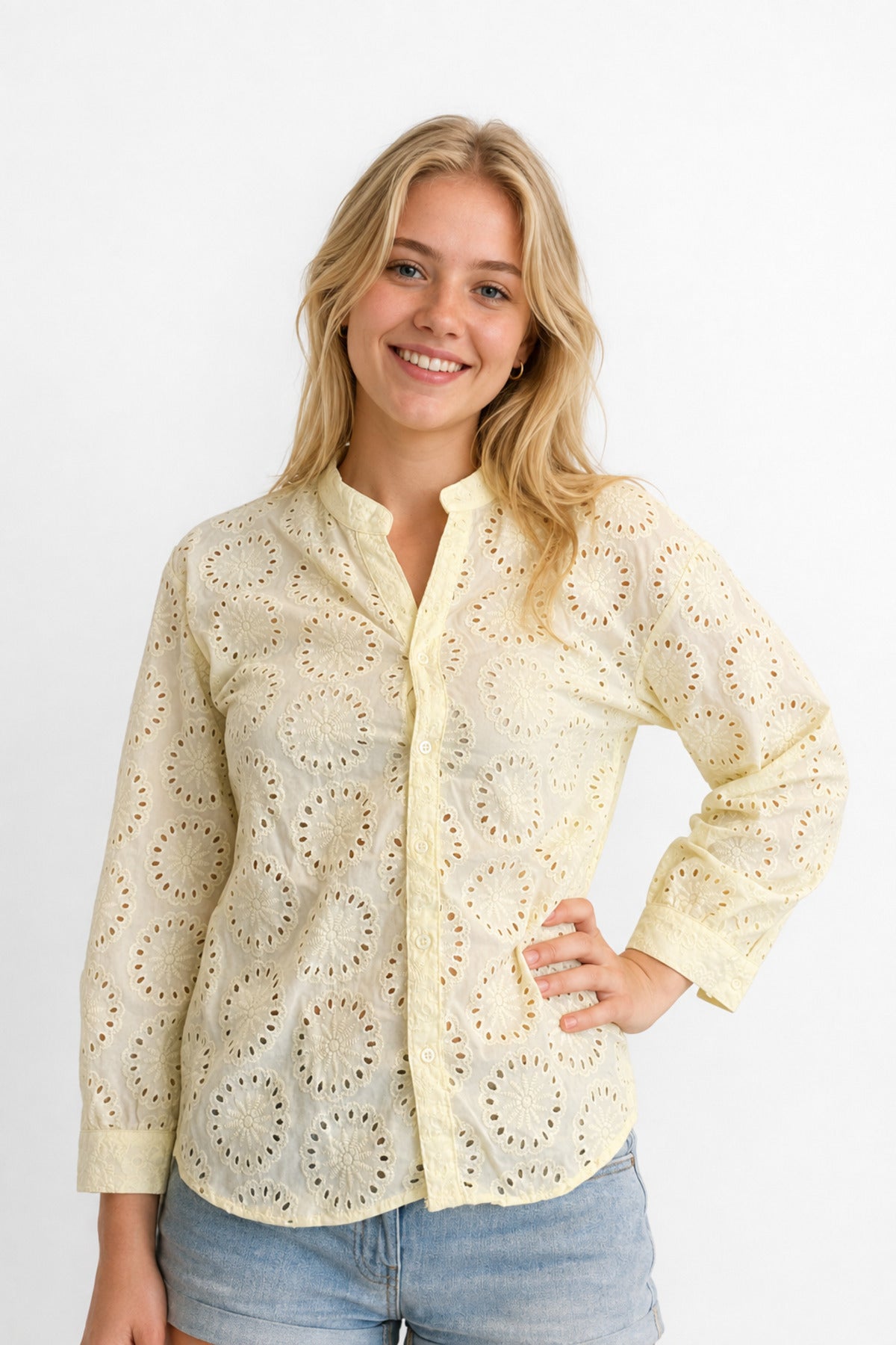 Isla Women's Cotton Embroidered Relaxed Fit Shirt - Light Yellow