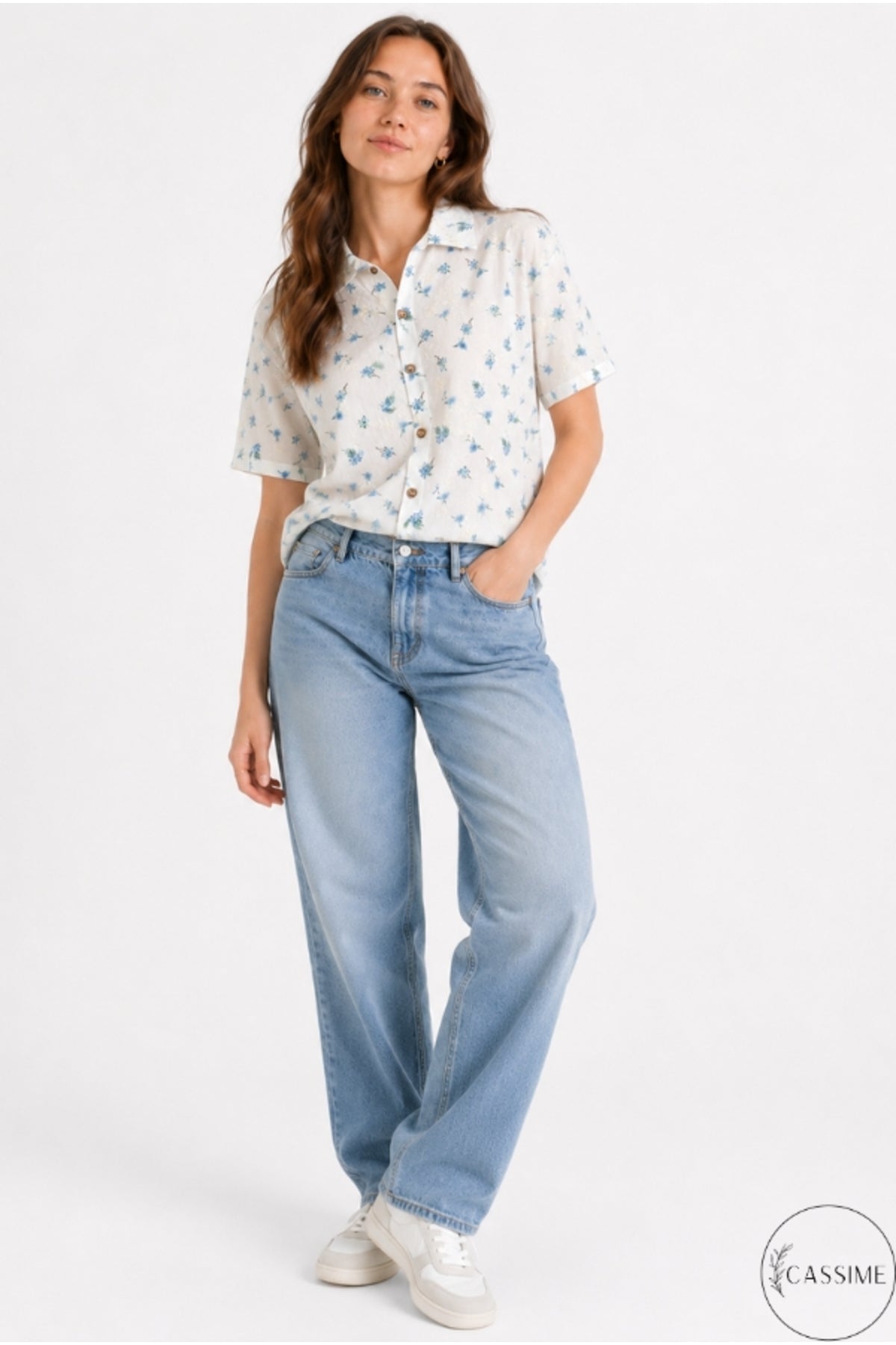 Alice Women's Cotton Floral Short Sleeve Shirt - Ecru with Blue Ditsy Flowers
