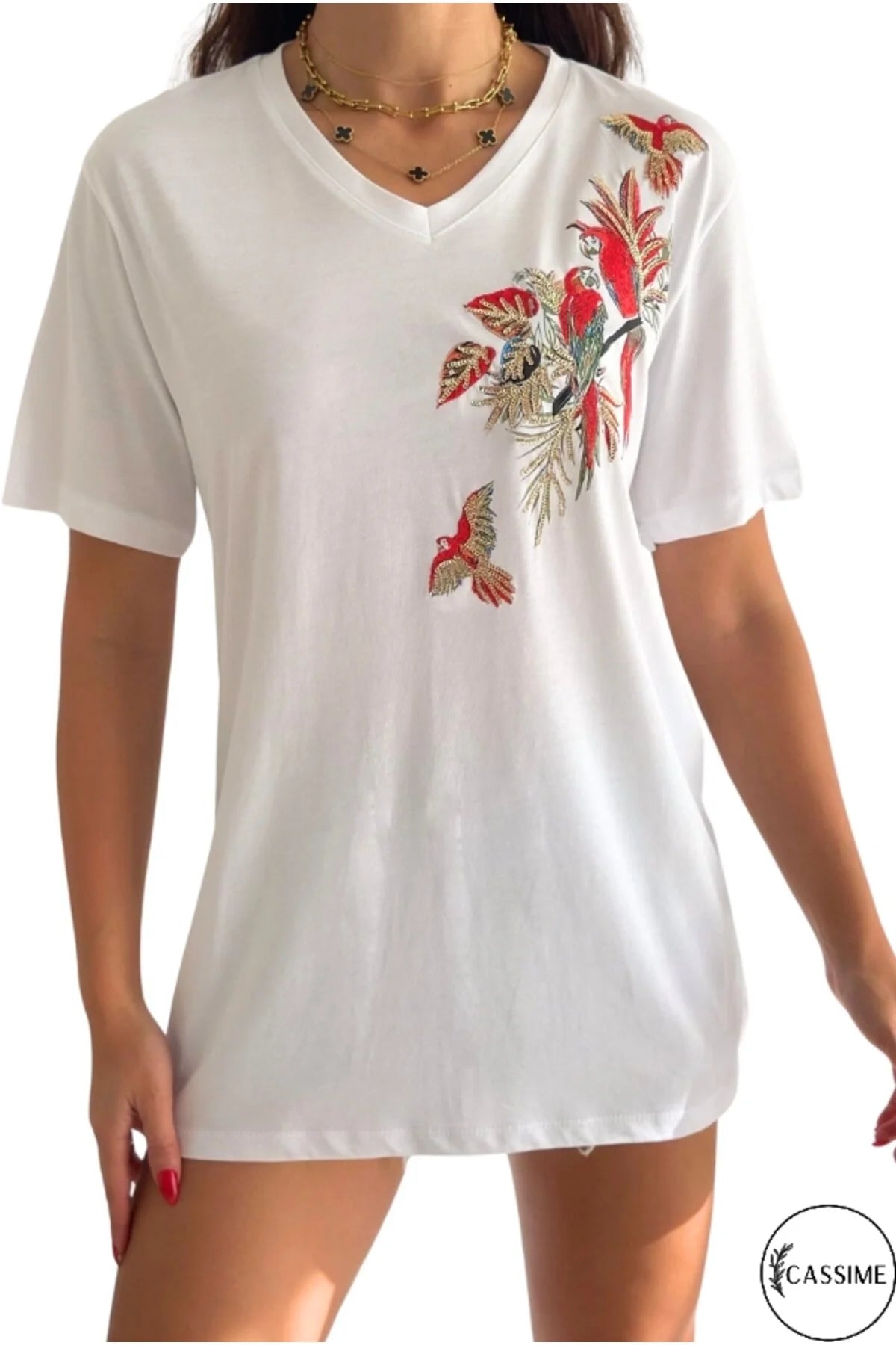 Tilda White Parrot Floral Design Cotton T-Shirt