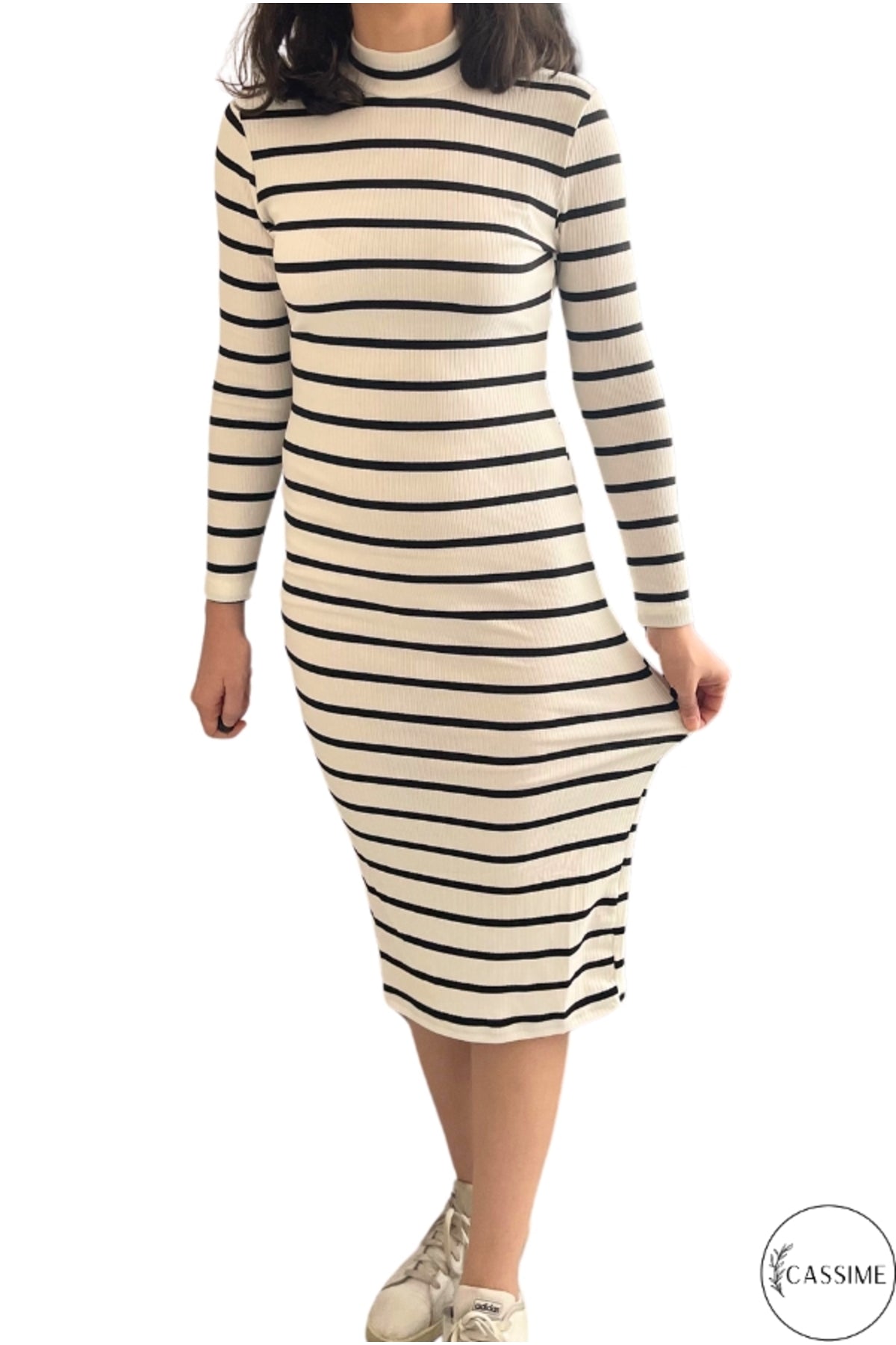 Erin Women's Striped Ribbed Knit Bodycon Dress - White