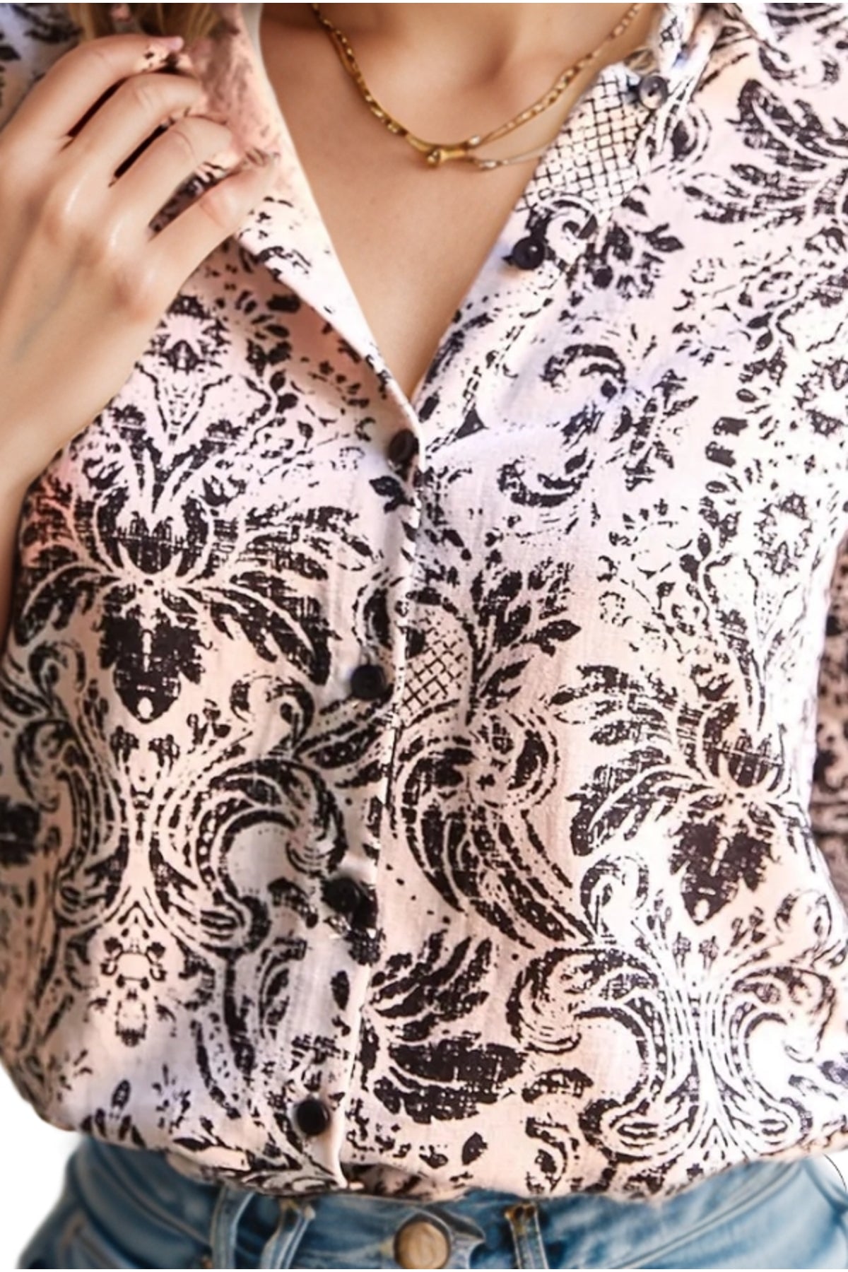 Charlotte Women's Short Sleeve Batwing Shirt - Black and Ecru Boho Print