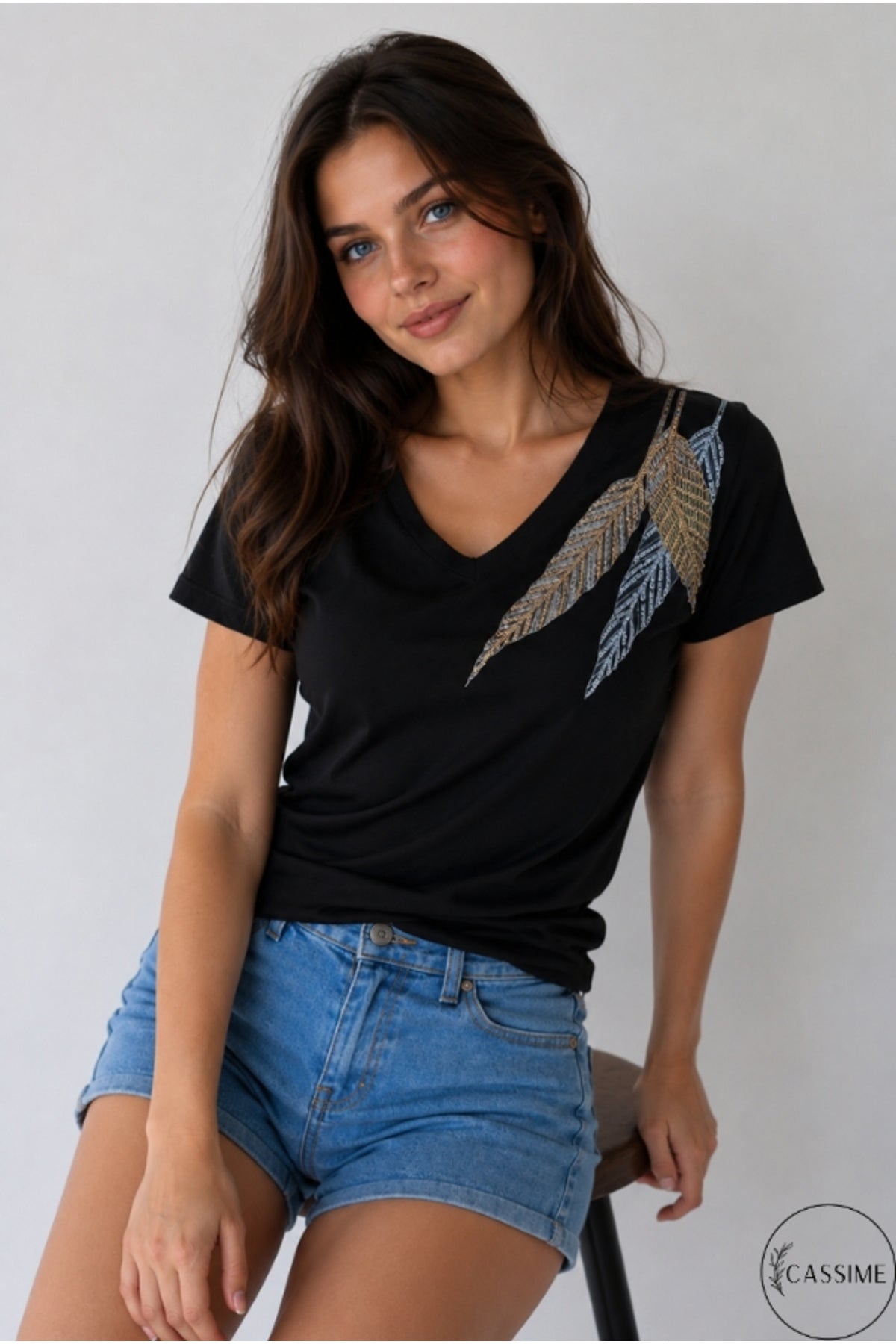 Olivia Women's Cotton Plus Size Embellished V-Neck T-Shirt - Black and Blue Feather Print