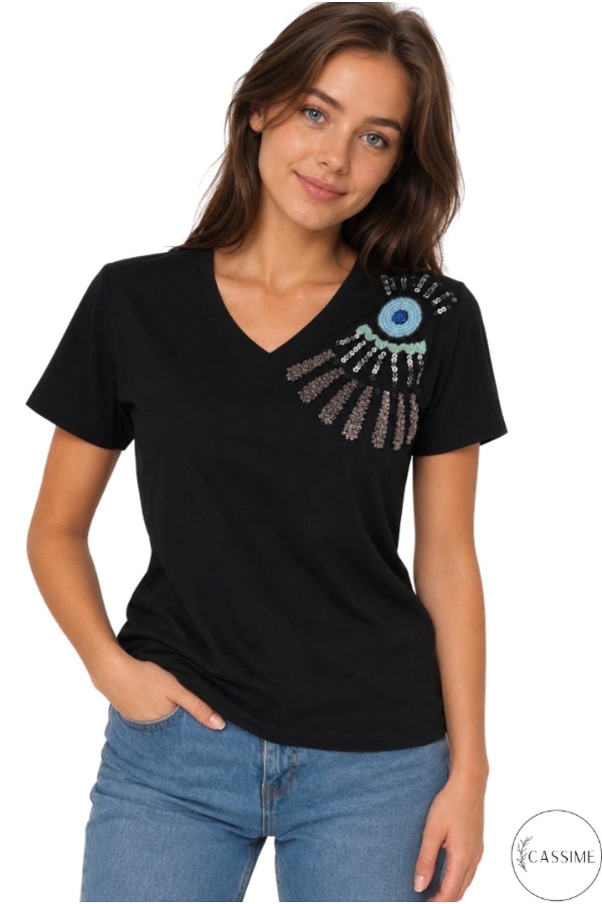 Olivia Women's Cotton Plus Size Embellished V-Neck T-Shirt - Black with Evil Eye Shoulder Embroidery