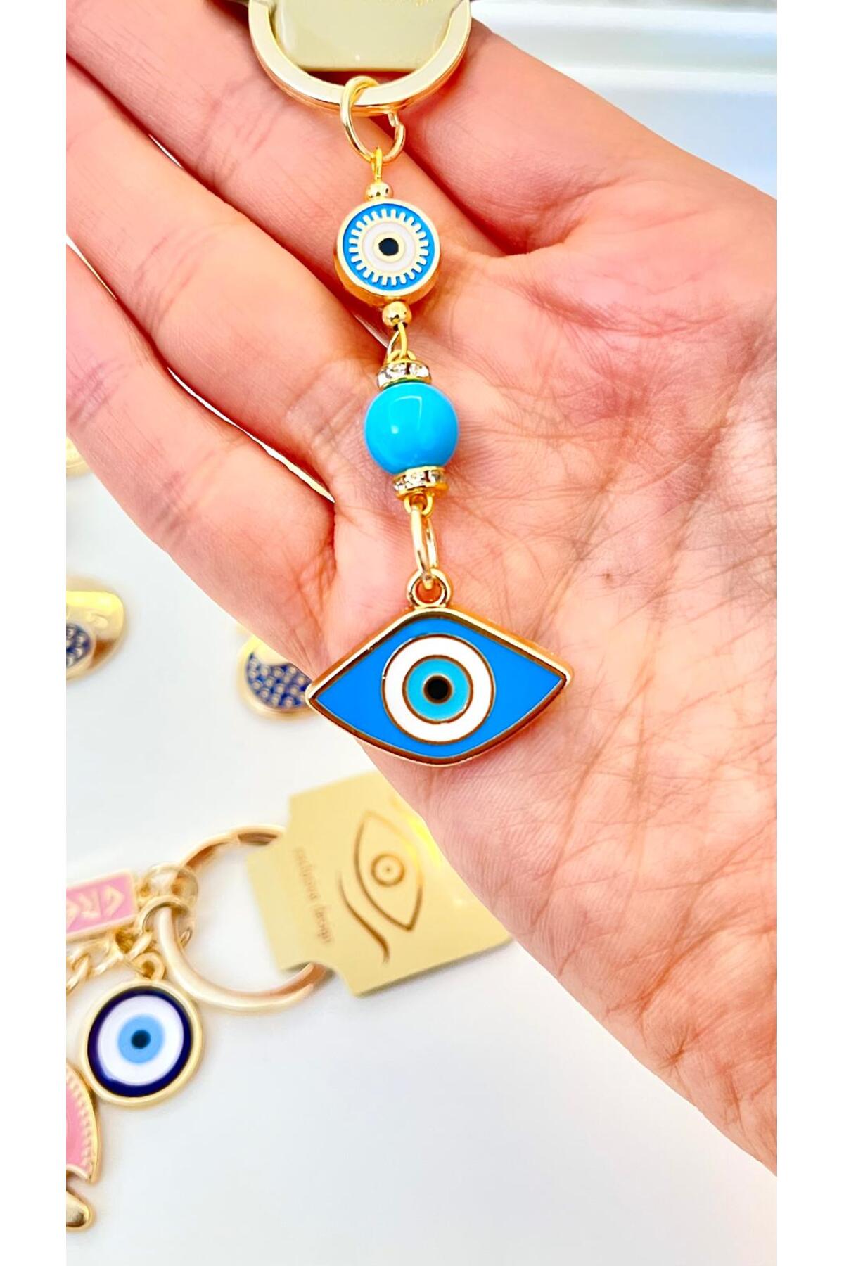 Hannah Gold-Plated Bodrum Bead Keychain - Blue Oval Evil Eye