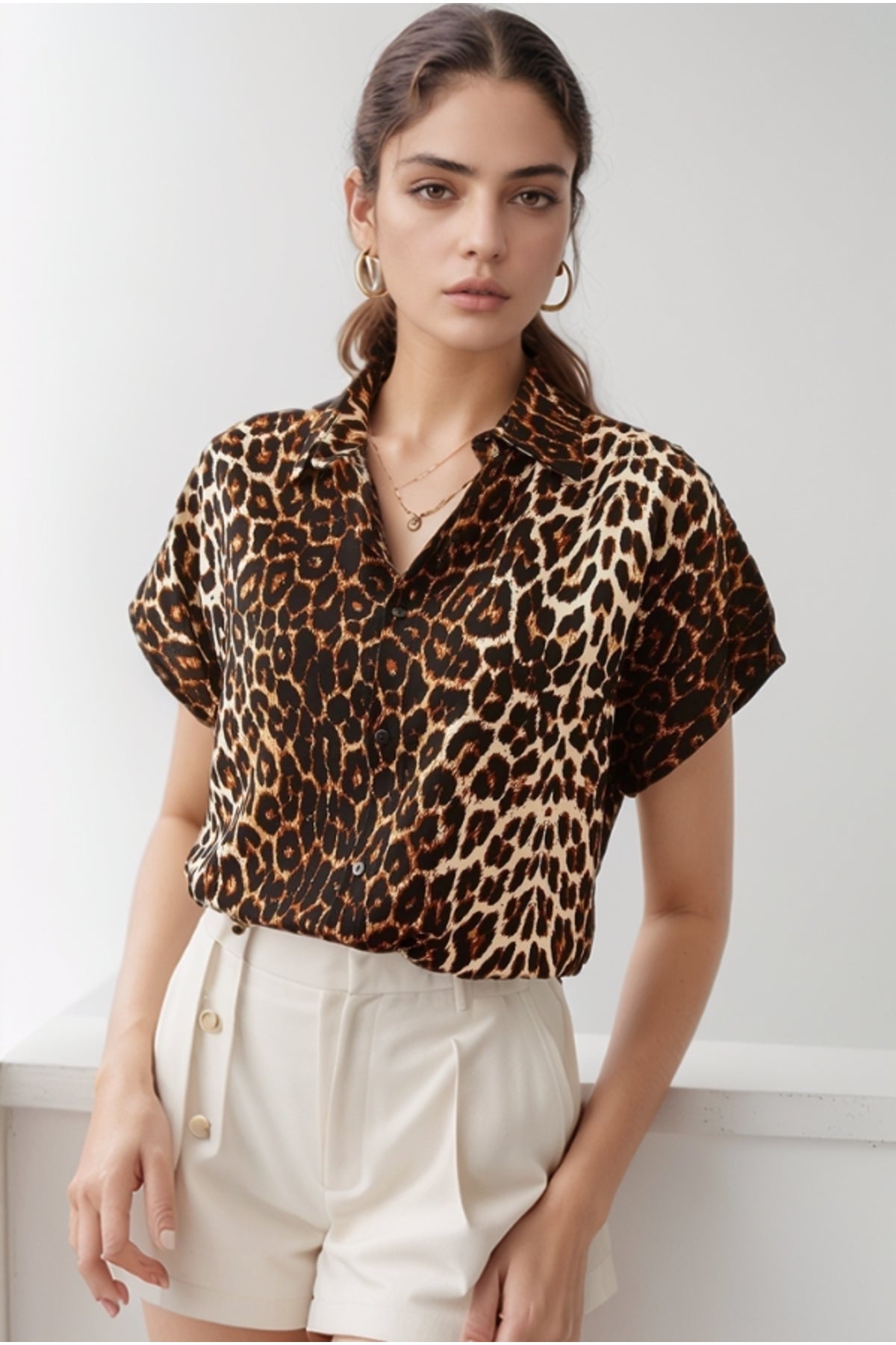 Charlotte Women's Short Sleeve Batwing Shirt - Black Leopard Print
